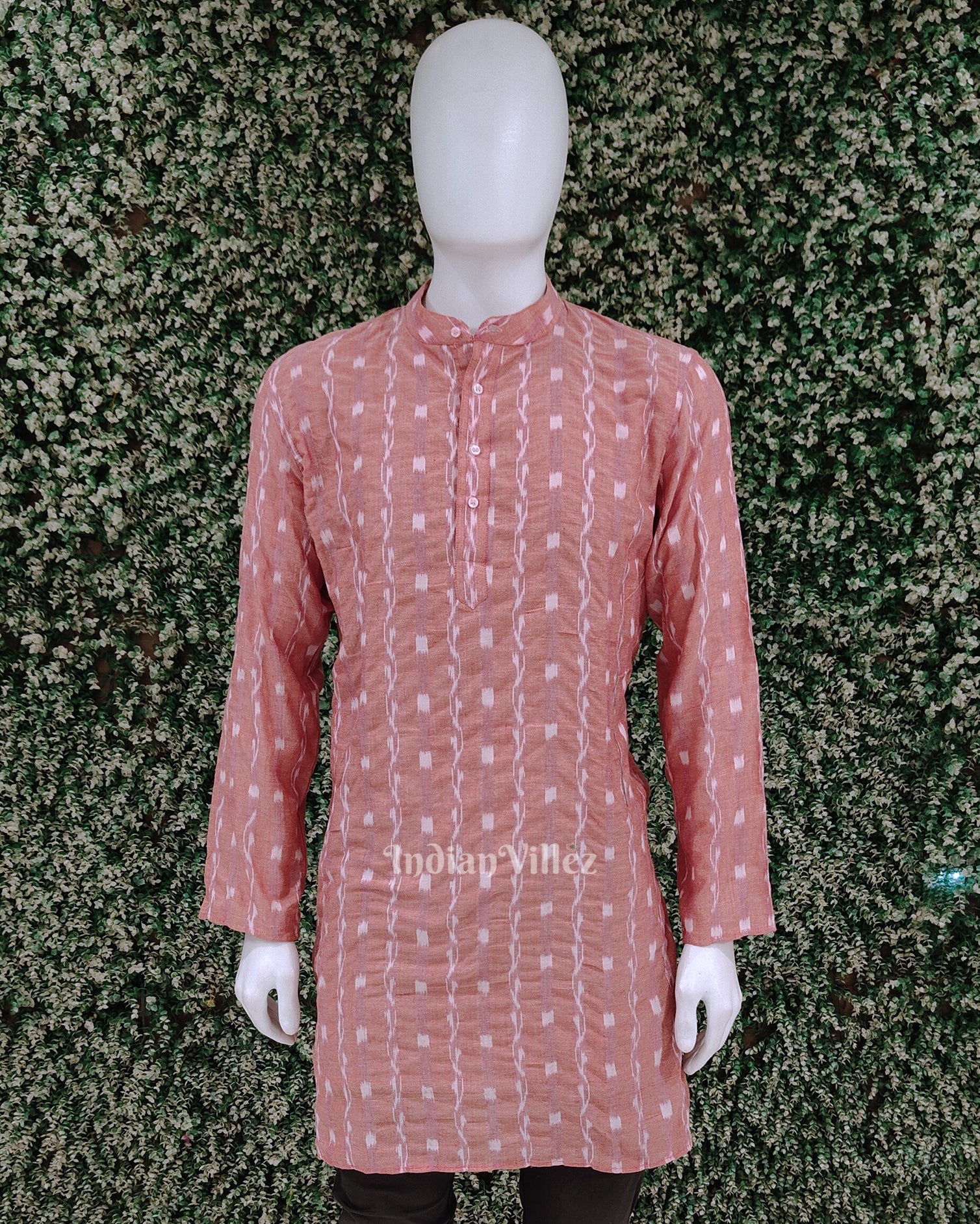 IndianVillèz Peach Pink Tipa Design Odisha Ikat Cotton Kurta for Men