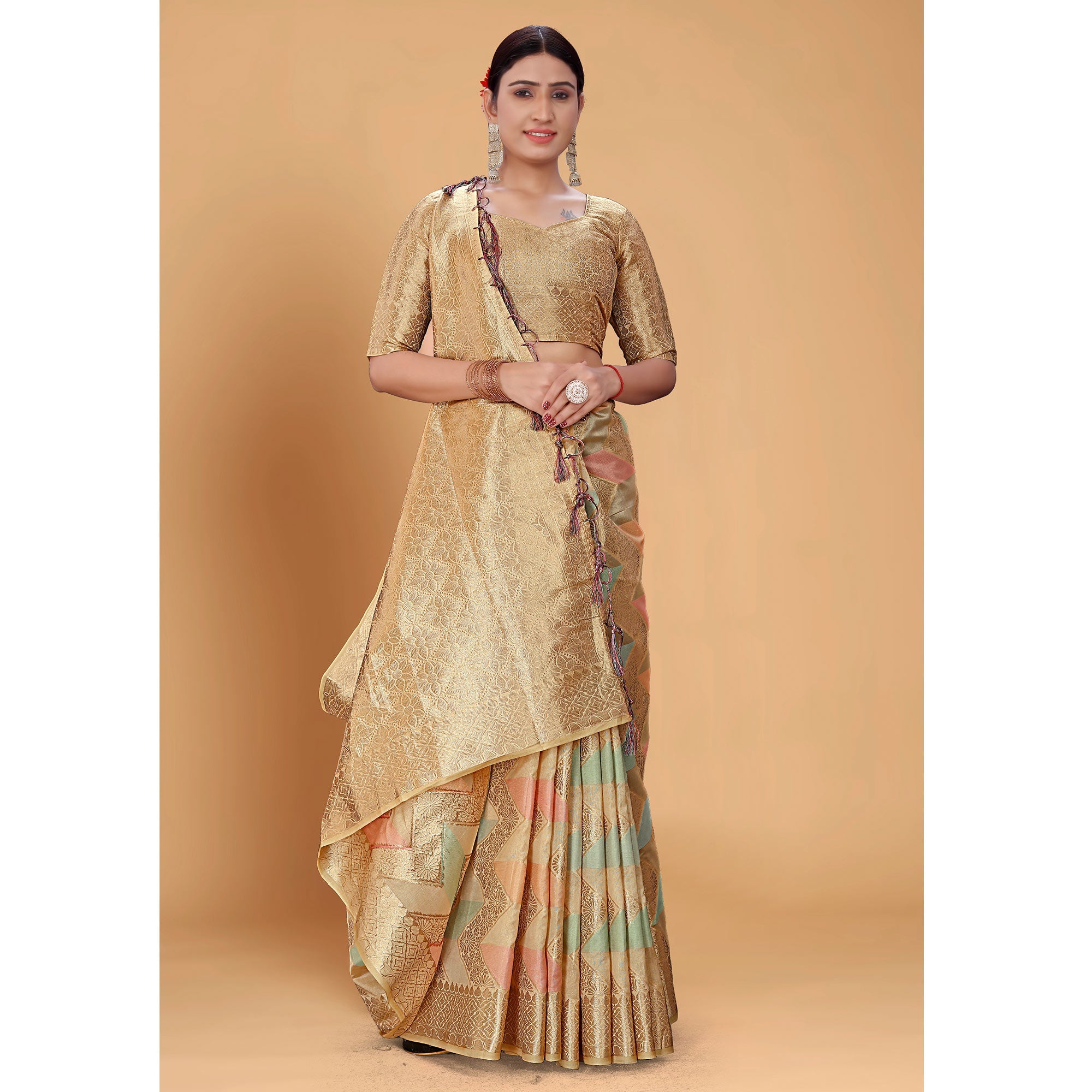Peachmode Chikoo Woven Organza Saree With Tassels - view 5