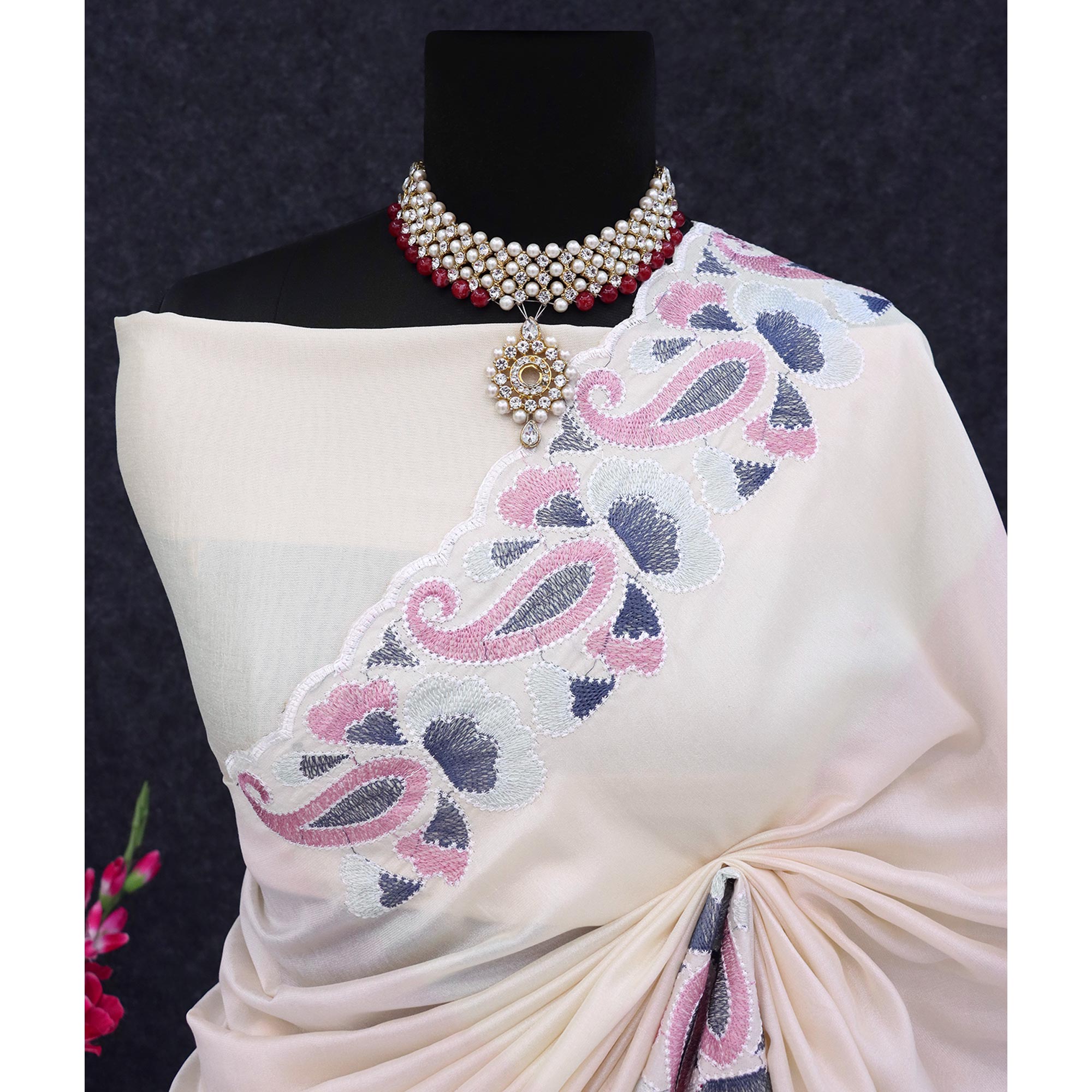 Peachmode Cream Floral Embroidered Vichitra Silk Saree - view 7