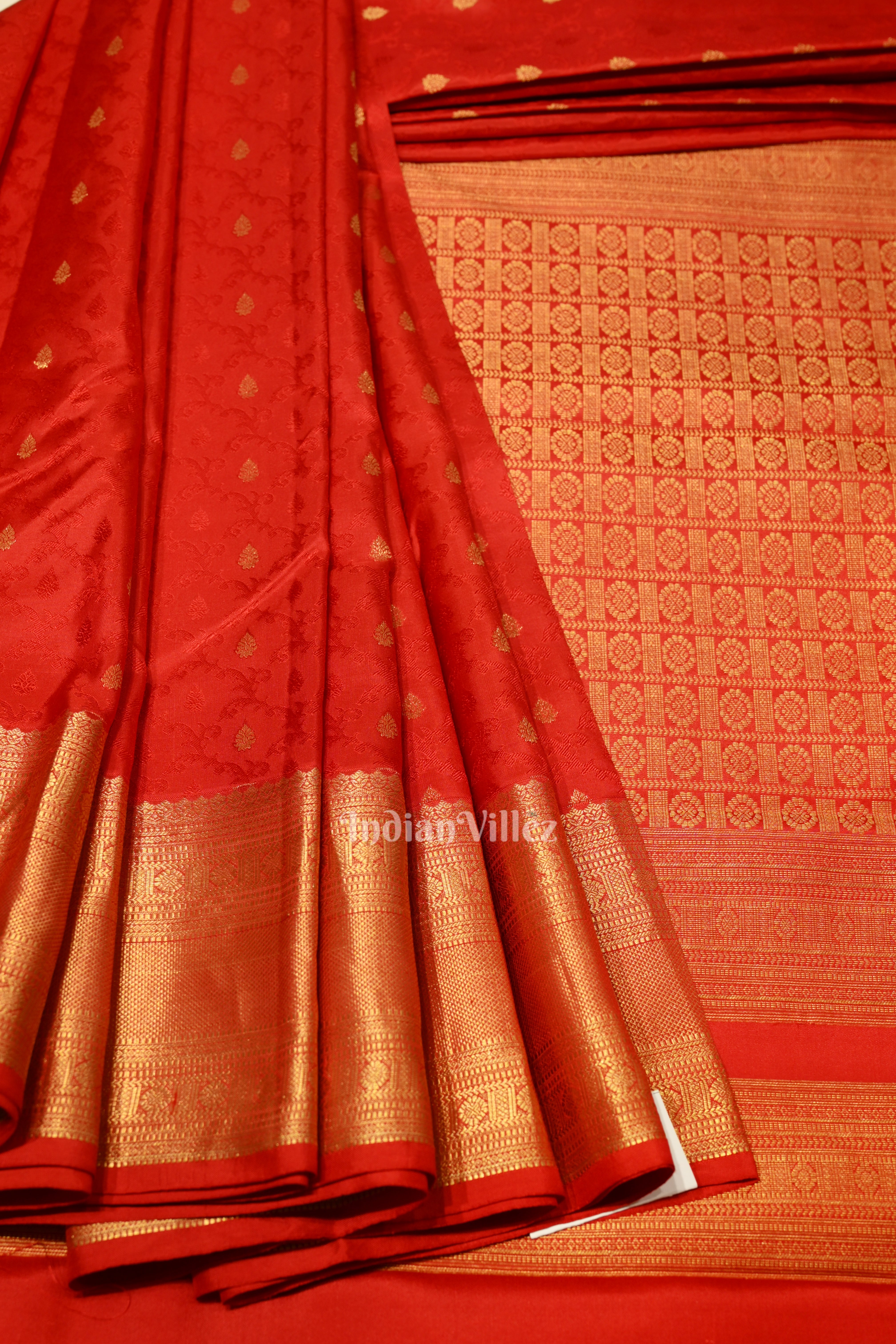 IndianVillèz Red Woven Brocade with Golden Broder Bridal Kanjivaram Silk Saree