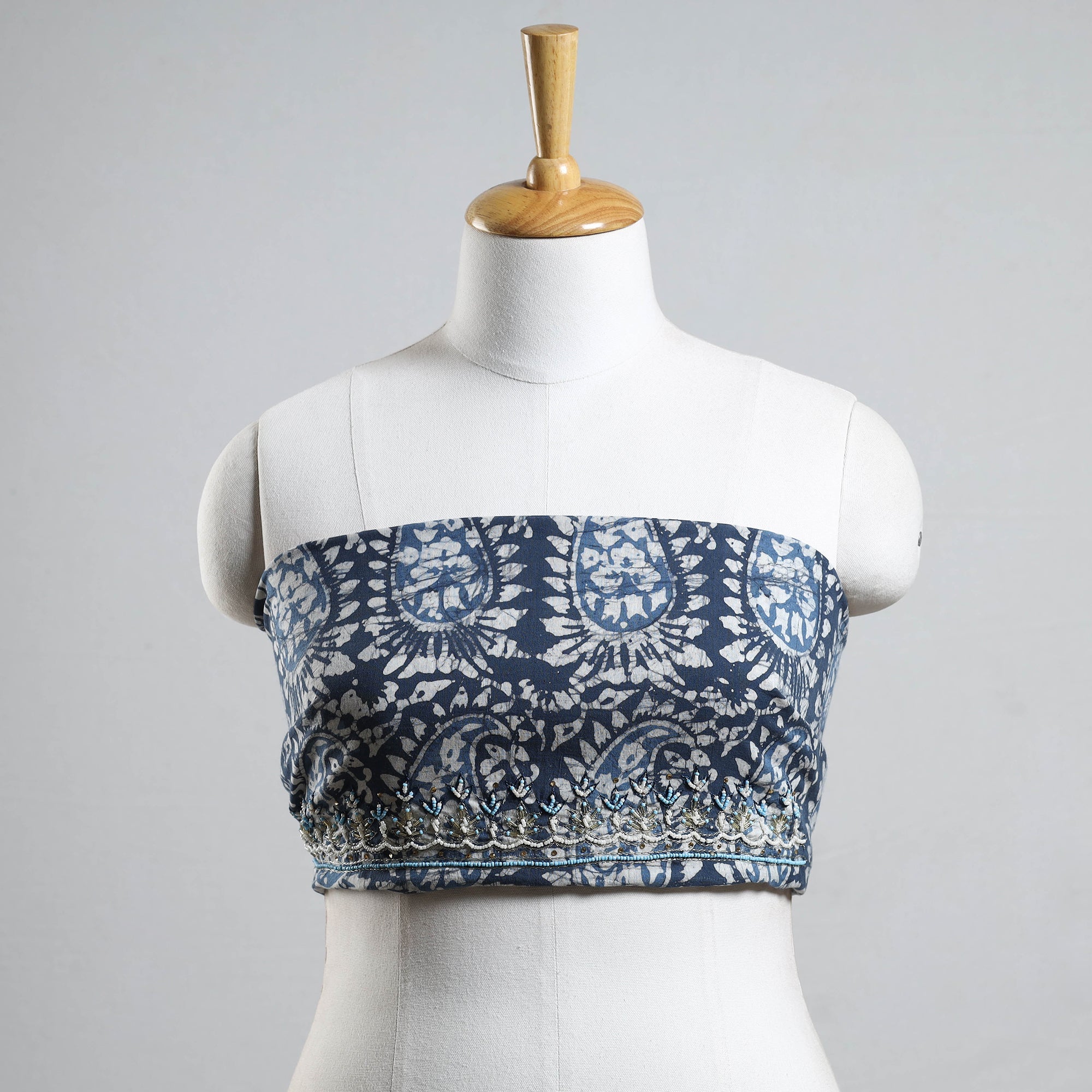 NOORI BAZAR Blue - Batik Printed Thread & Bead Work Hand Embroidery Cotton Blouse Piece