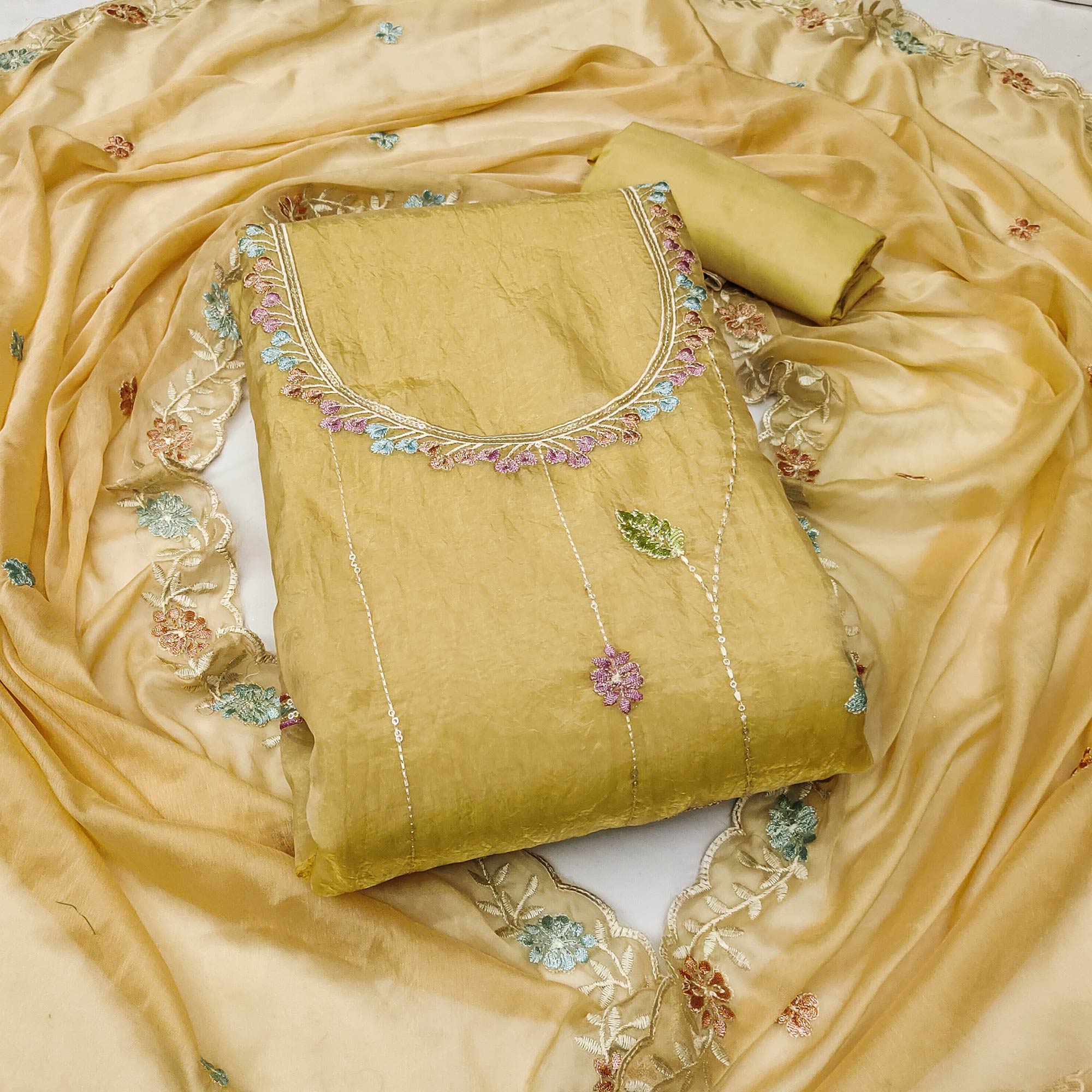 Peachmode Chikoo Floral Sequins Embroidered Viscose Golden Crush Dress Material - view 3