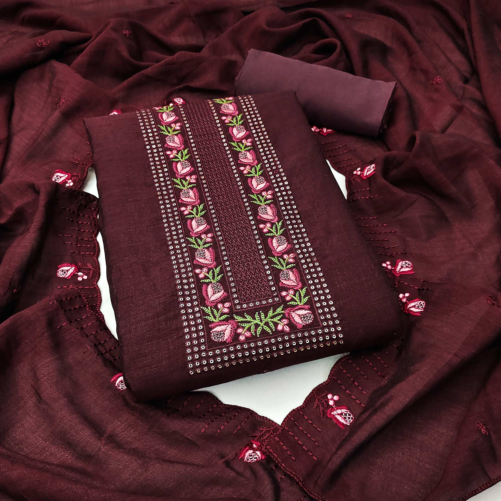Peachmode Brown Embroidered Vichitra Silk Dress Material