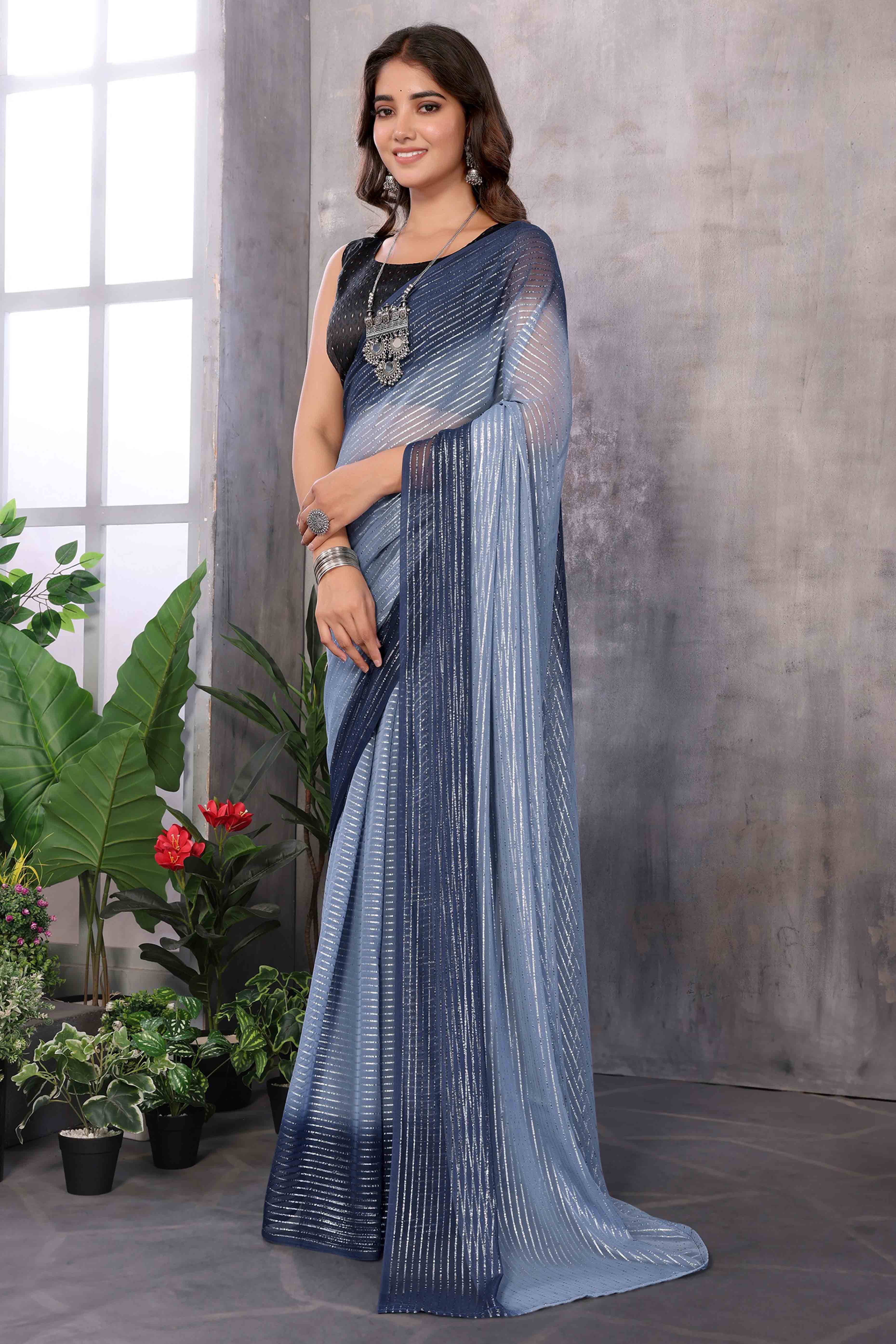 Peachmode Grey Striped Zari Woven Art Silk Ready To Wear Saree - view 4