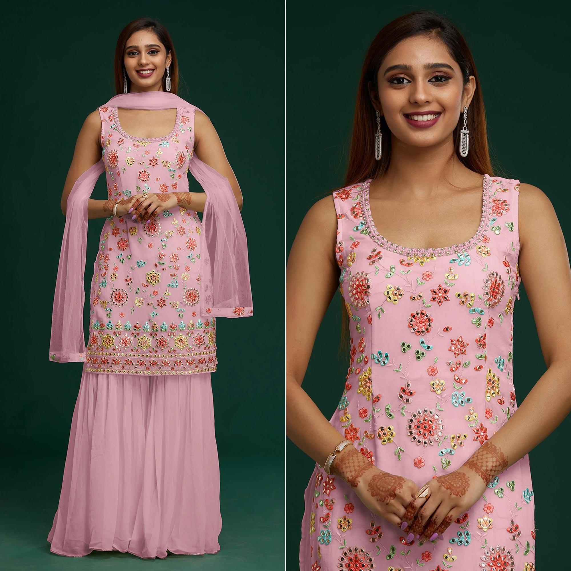 Peachmode Light Pink Floral Embroidered With Mirror Work Georgette Sharara Suit