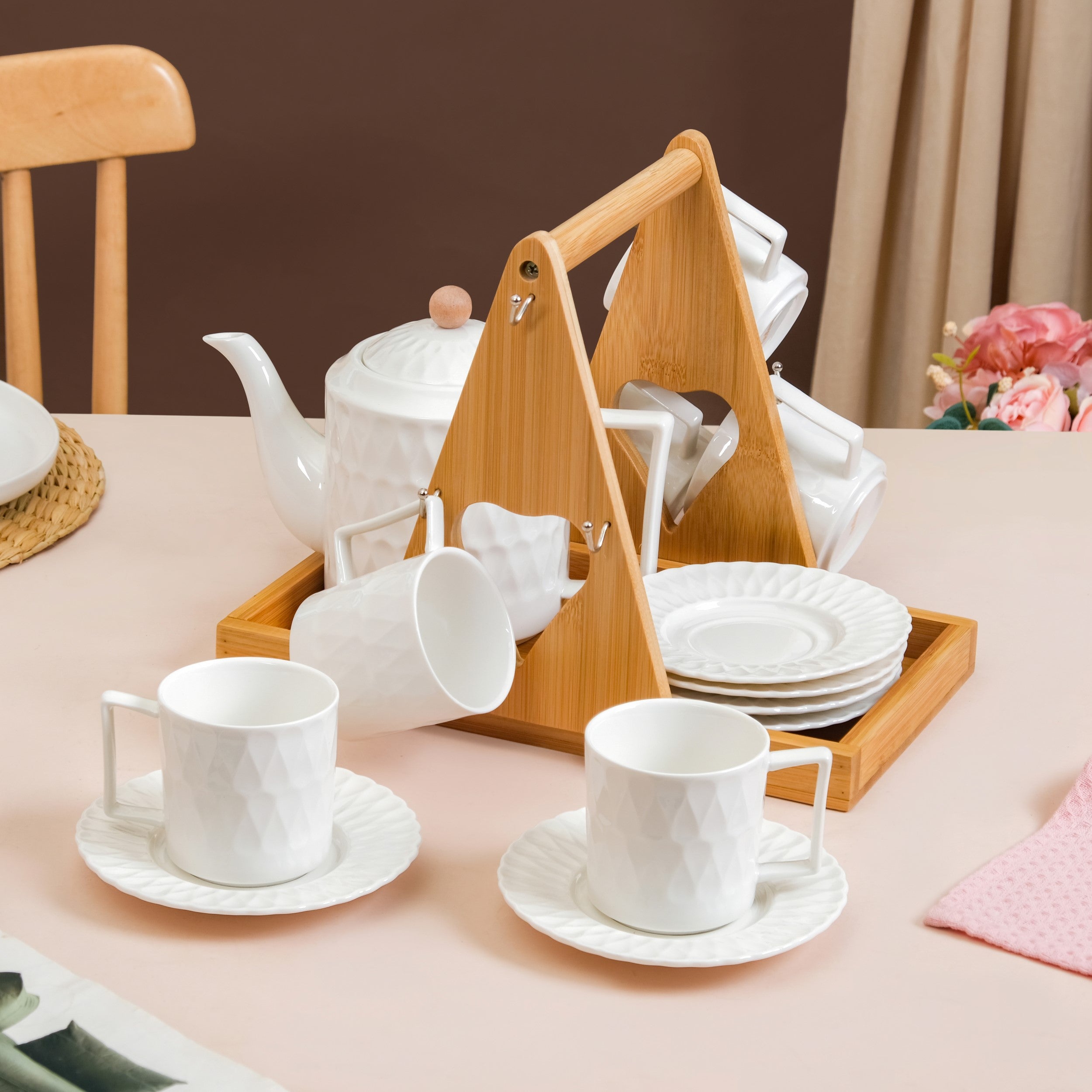 Nestasia Teardrop Textured Ceramic Tea Set For 6 With Stand