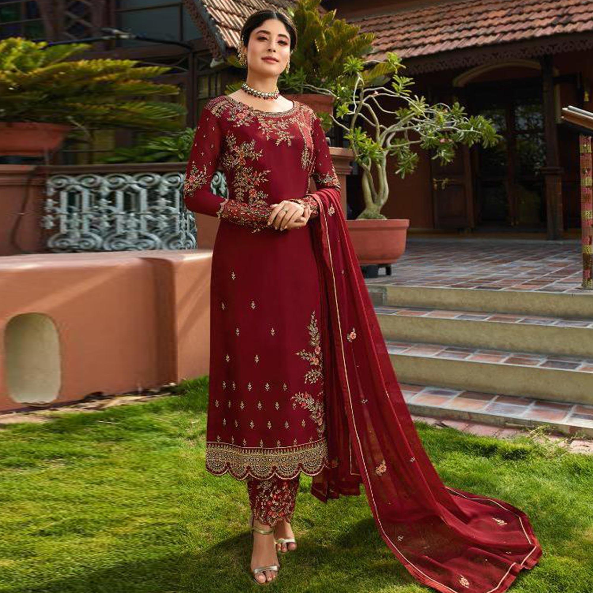 Peachmode Maroon Embroidered Gerorgette Straight Partywear Suit