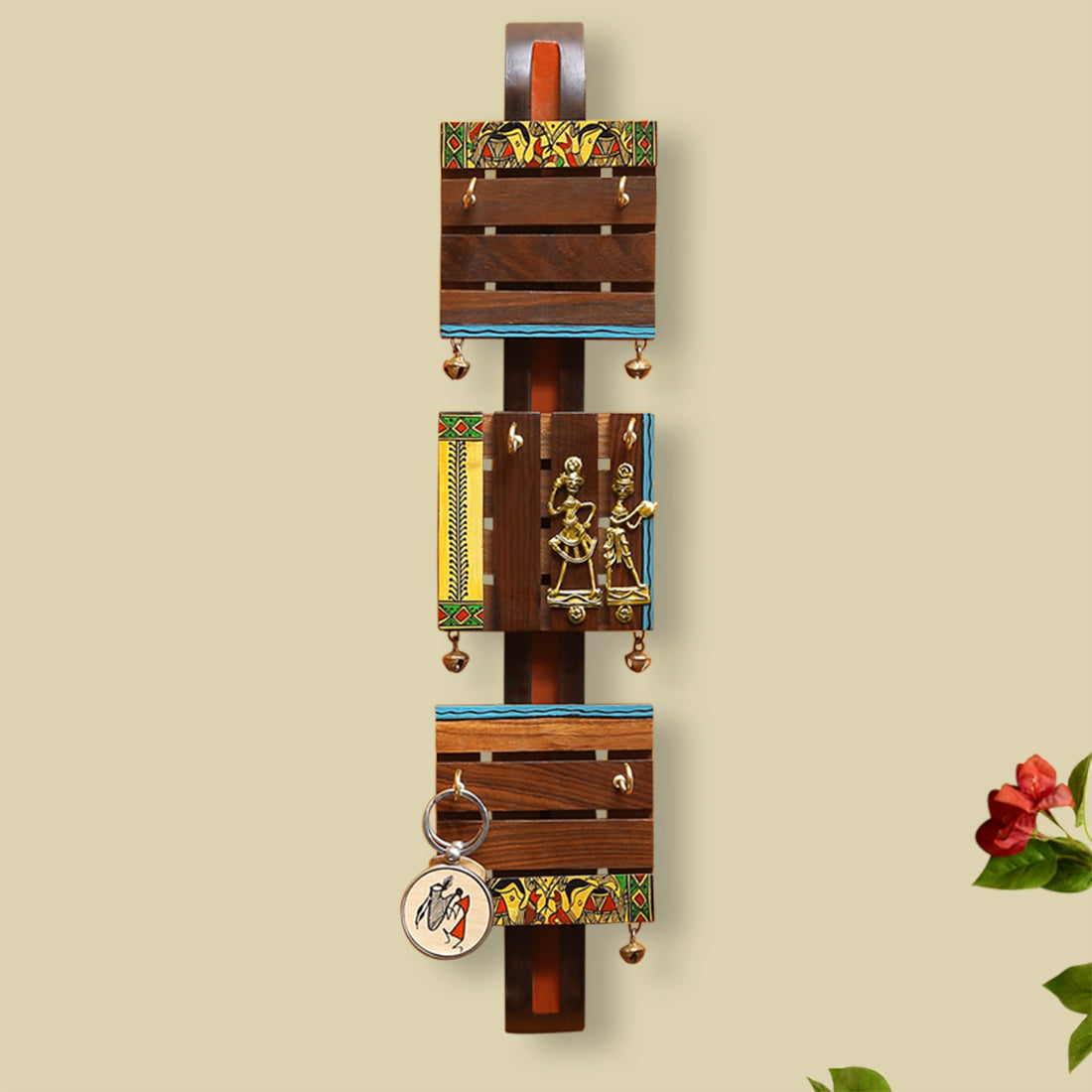 EXCLUSIVELANE 'Brass, Wood & Colours' Madhubani Handpainted Dhokra Art Key Holder In Sheesham & Teak Wood (6 Hooks)