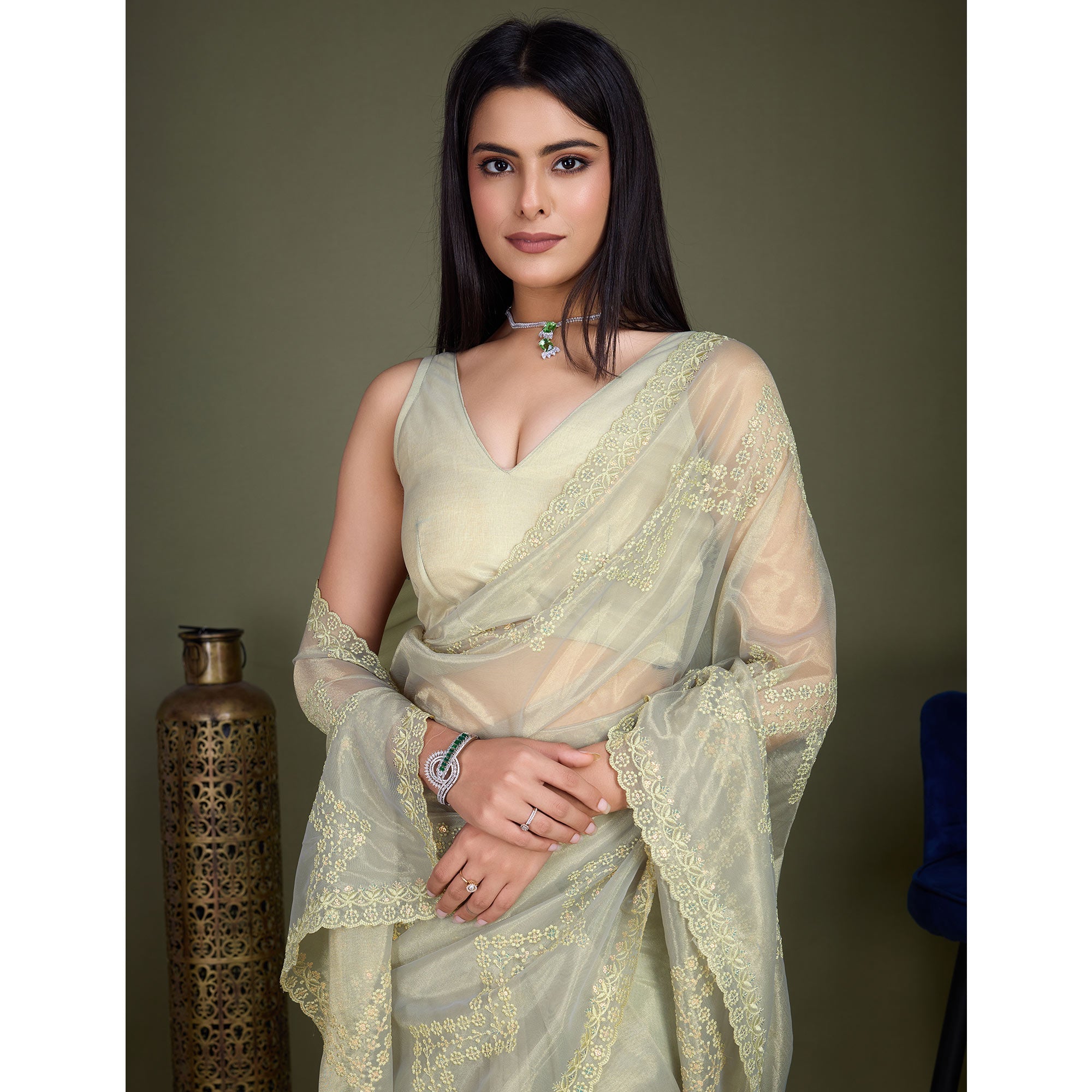 Peachmode Light Olive Green Sequins Embroidered Shimmer Net Saree - view 8
