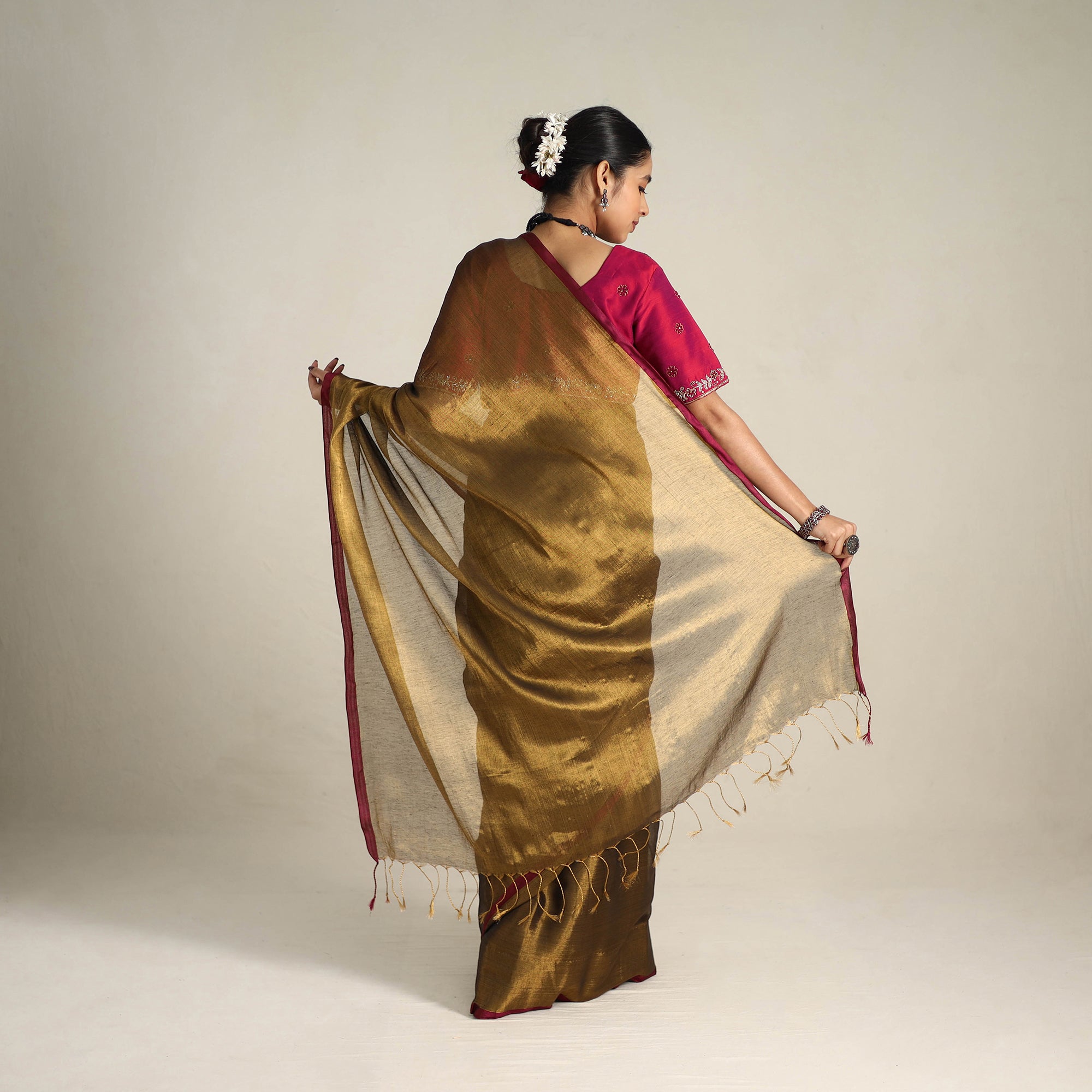 KHUSHBASH - HAPPY LOOM OF EAST Brown - Fine Tissue Zari Bengal Saree with Embroidered Blouse 02 - view 2