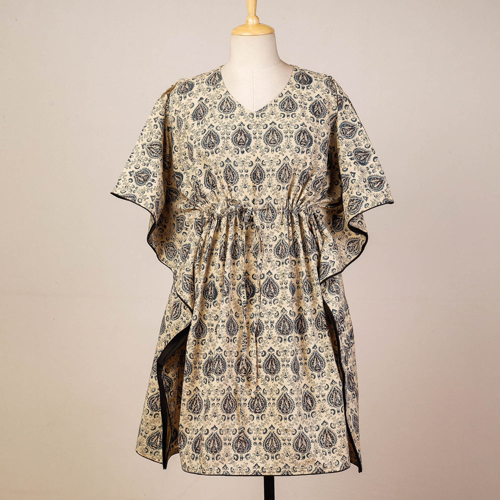 CHUTNEY CRAFT STUDIO Beige - Block Print Cotton Kalamkari Kaftan with Tie-Up Waist (Medium)
