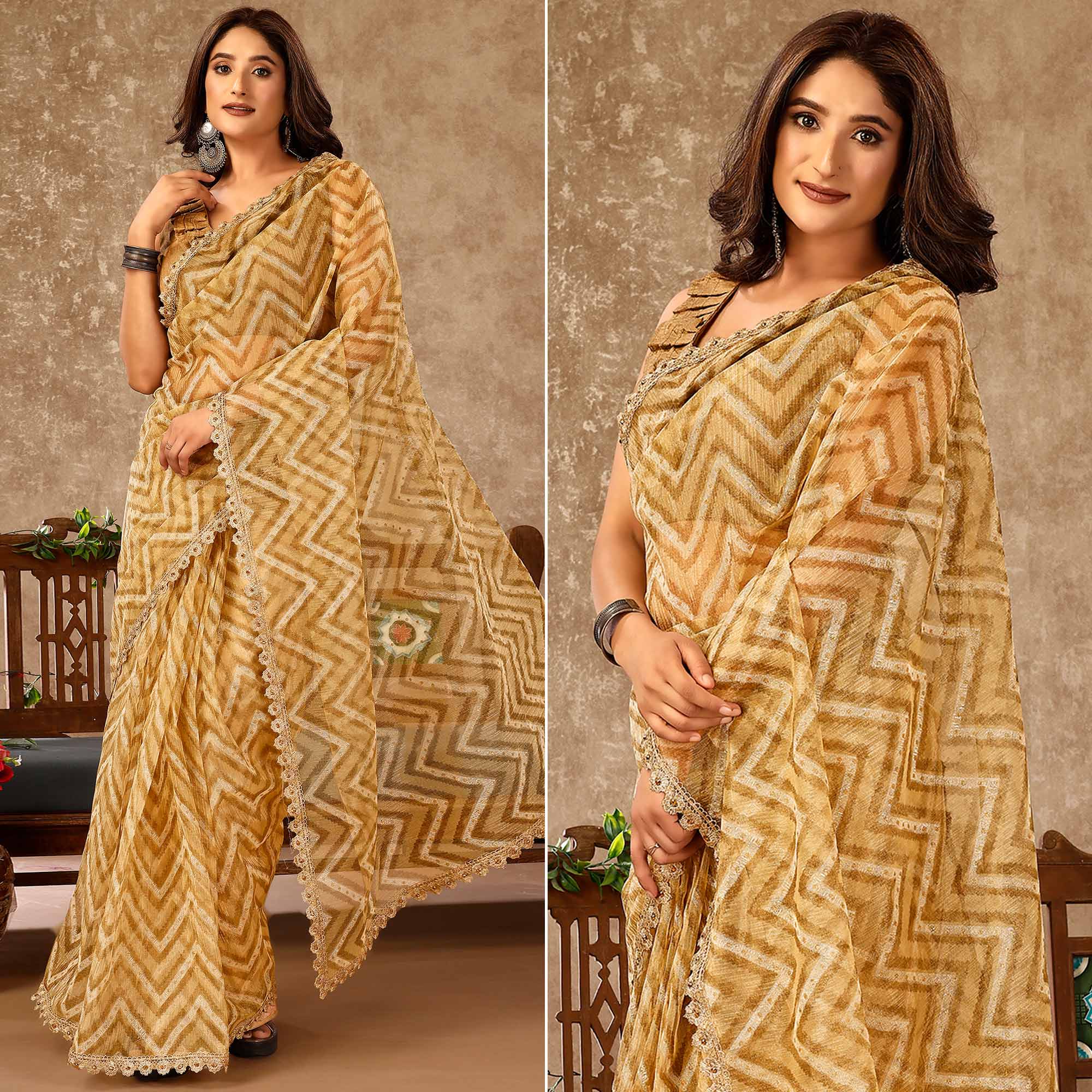 Peachmode Seller Chikoo Zig Zag Printed With Stone Work Organza Ready To Wear Saree