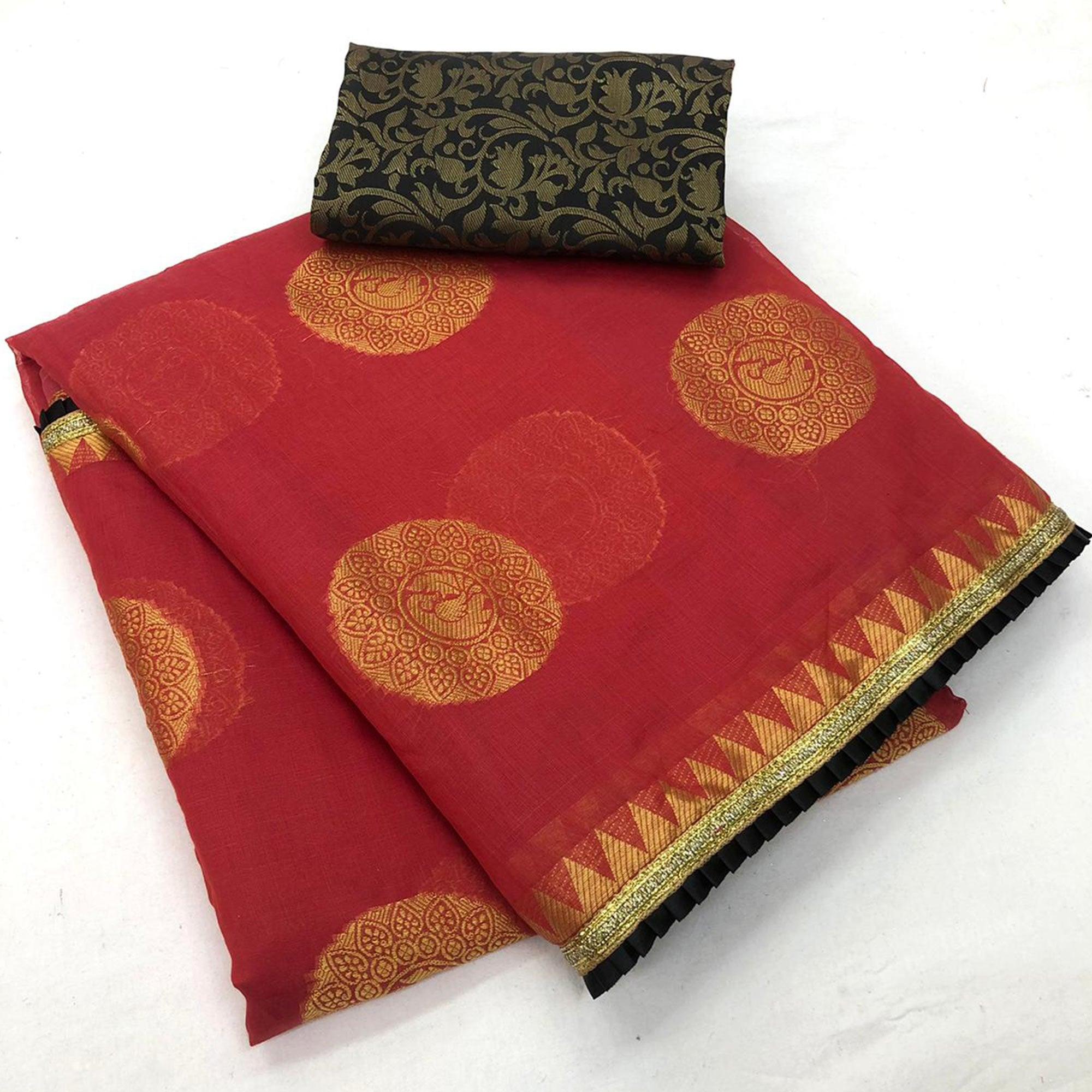 Peachmode Charming Red Colored Festive Wear Woven Cotton Saree - view 2