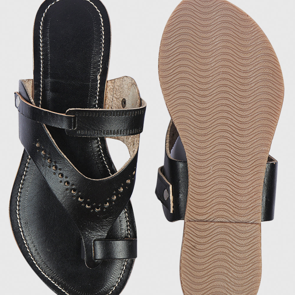 KORAKARI Black Handstitched Leather Kolhapuri Women Slipper - view 6