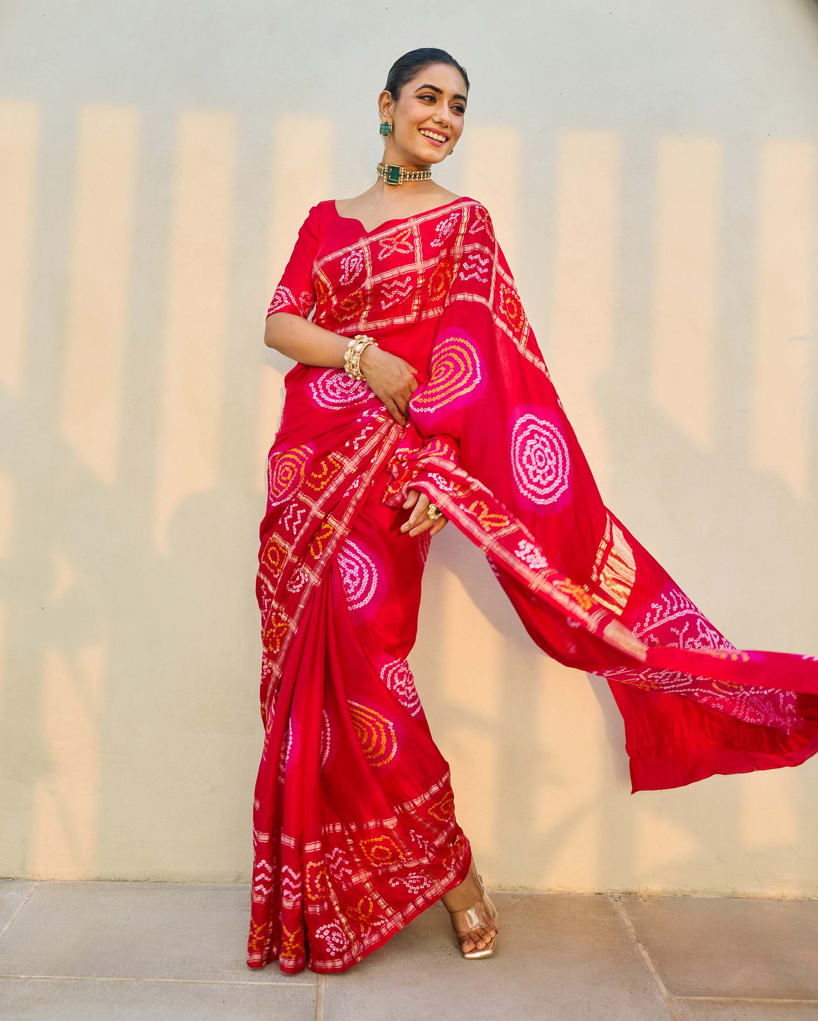 Aachho Moonlit Harmony Red Silk Bandhani Saree - view 3