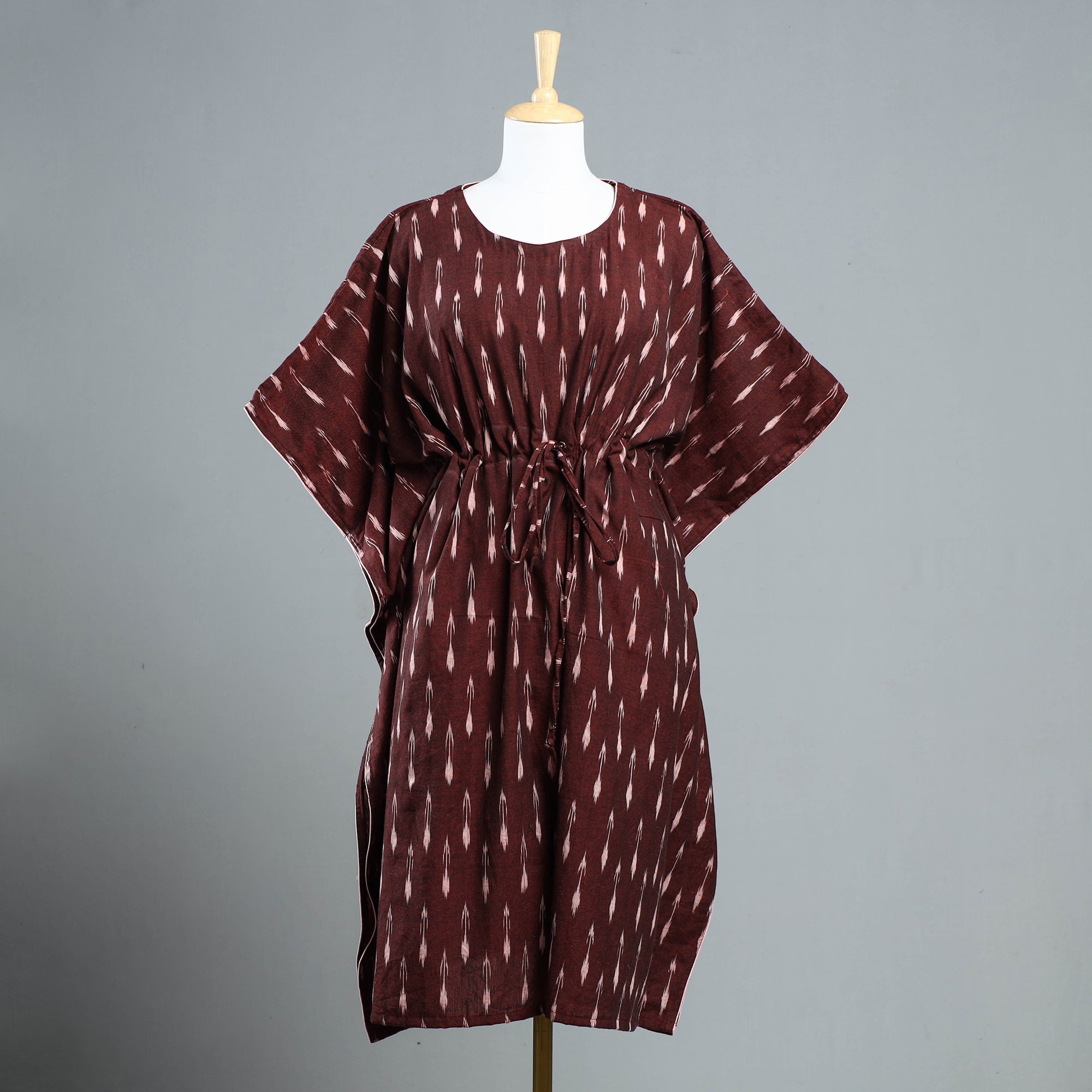 ITOKRI CASUALS Brown - Pochampally Ikat Cotton Kaftan with Tie-Up Waist (Medium)
