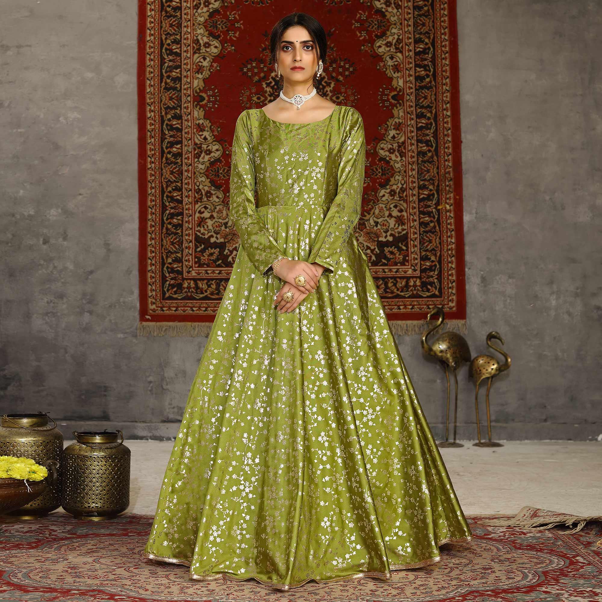 Peachmode Fluorescent Green Party Wear Designer Metalic Foil Printed Work Taffeta Gown