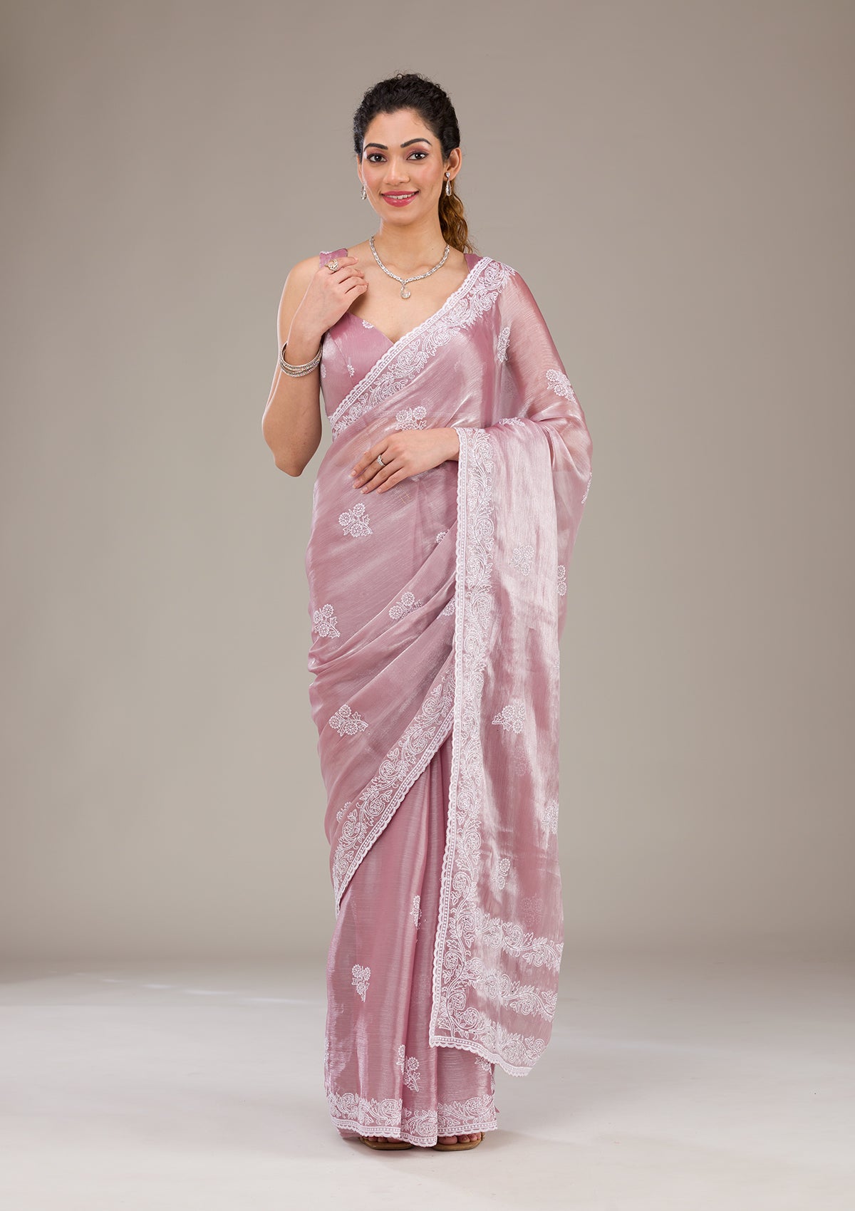 Koskii Onion Pink Threadwork Tissue Saree – Women's