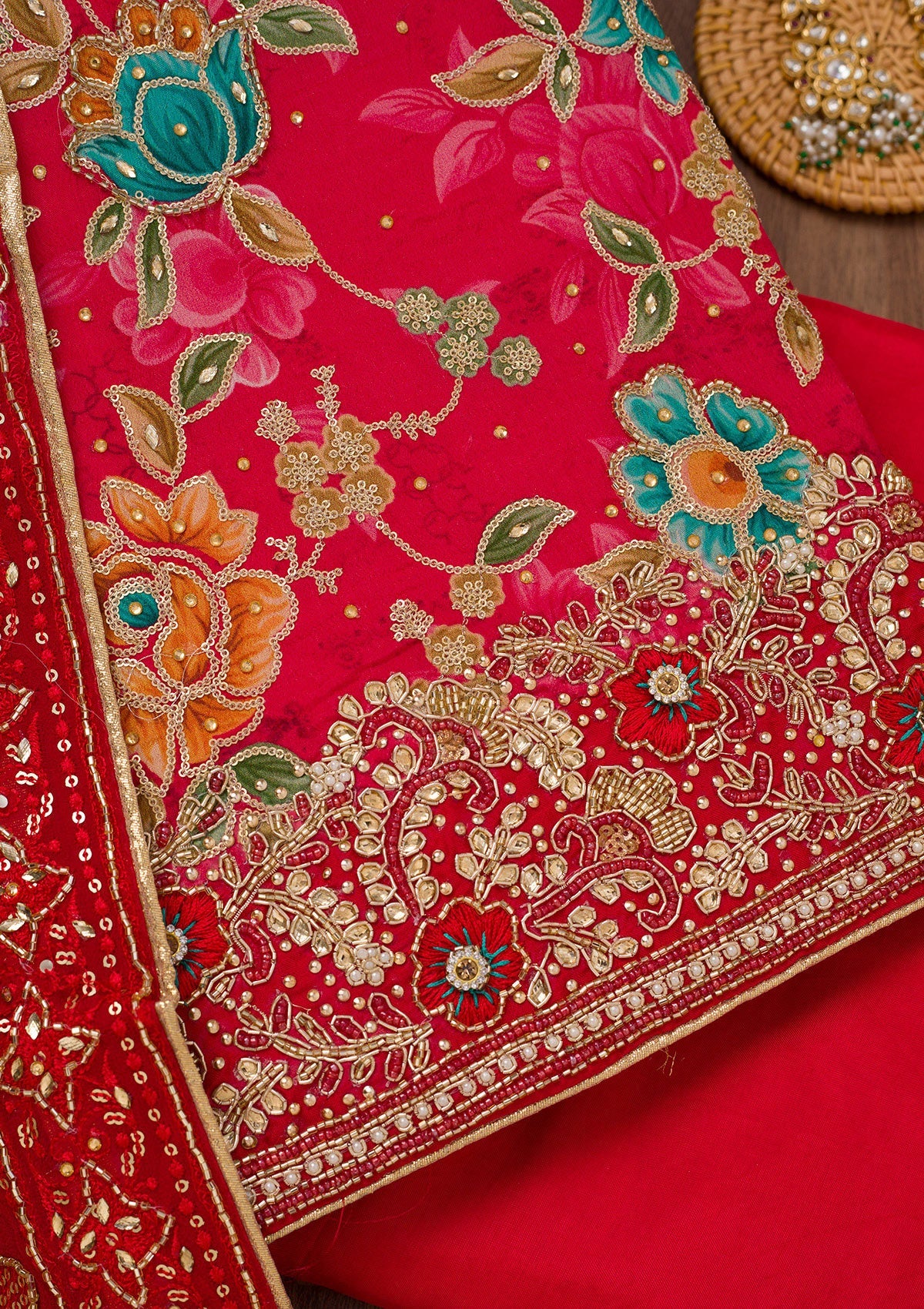 Koskii Red Printed Semi Crepe Unstitched Salwar Suit - view 2