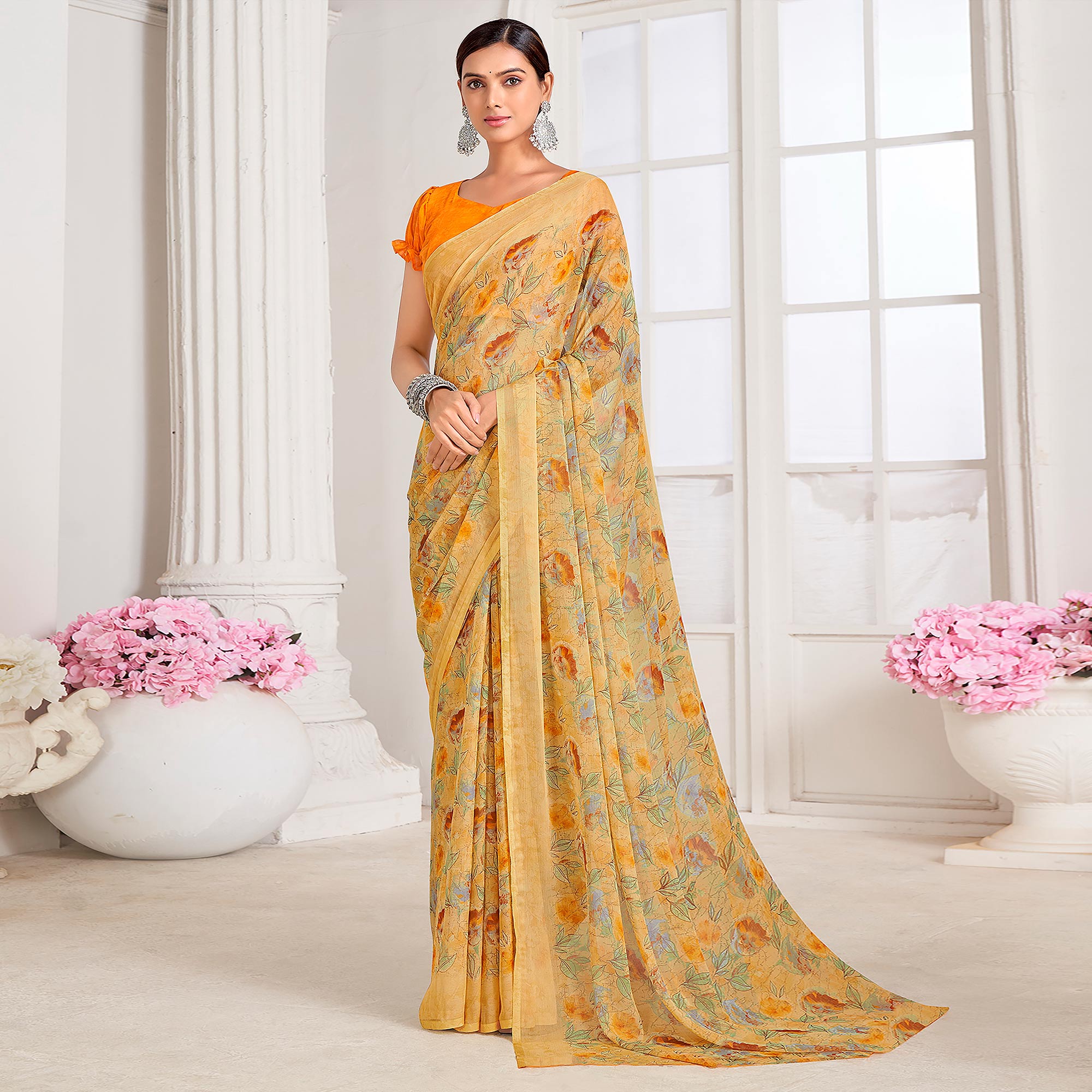 Peachmode Light Yellow Floral Printed Chiffon Saree