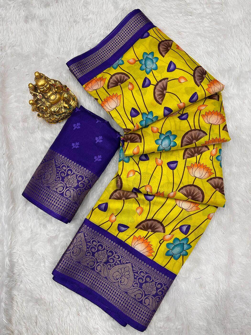 Shubh Delectable Yellow Digital Printed Dola Silk Saree With Glorious Blouse Piece