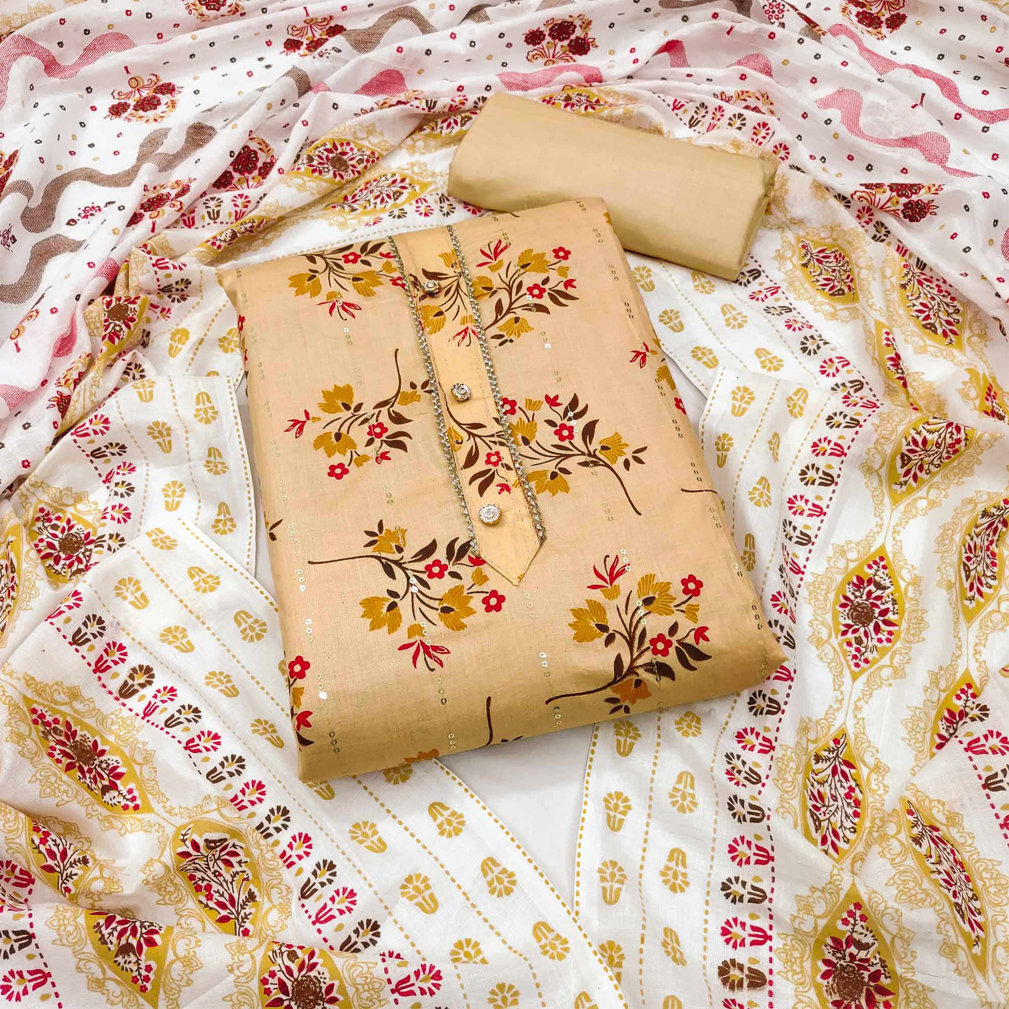 Peachmode Cream Floral Printed With Embroidered Pure Cotton Dress Material