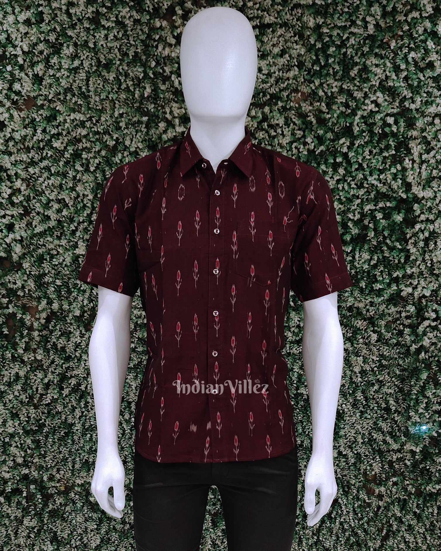 IndianVillèz Coffee Mayur Chandrika Odisha Ikat Cotton Half Sleeve Shirt for Men