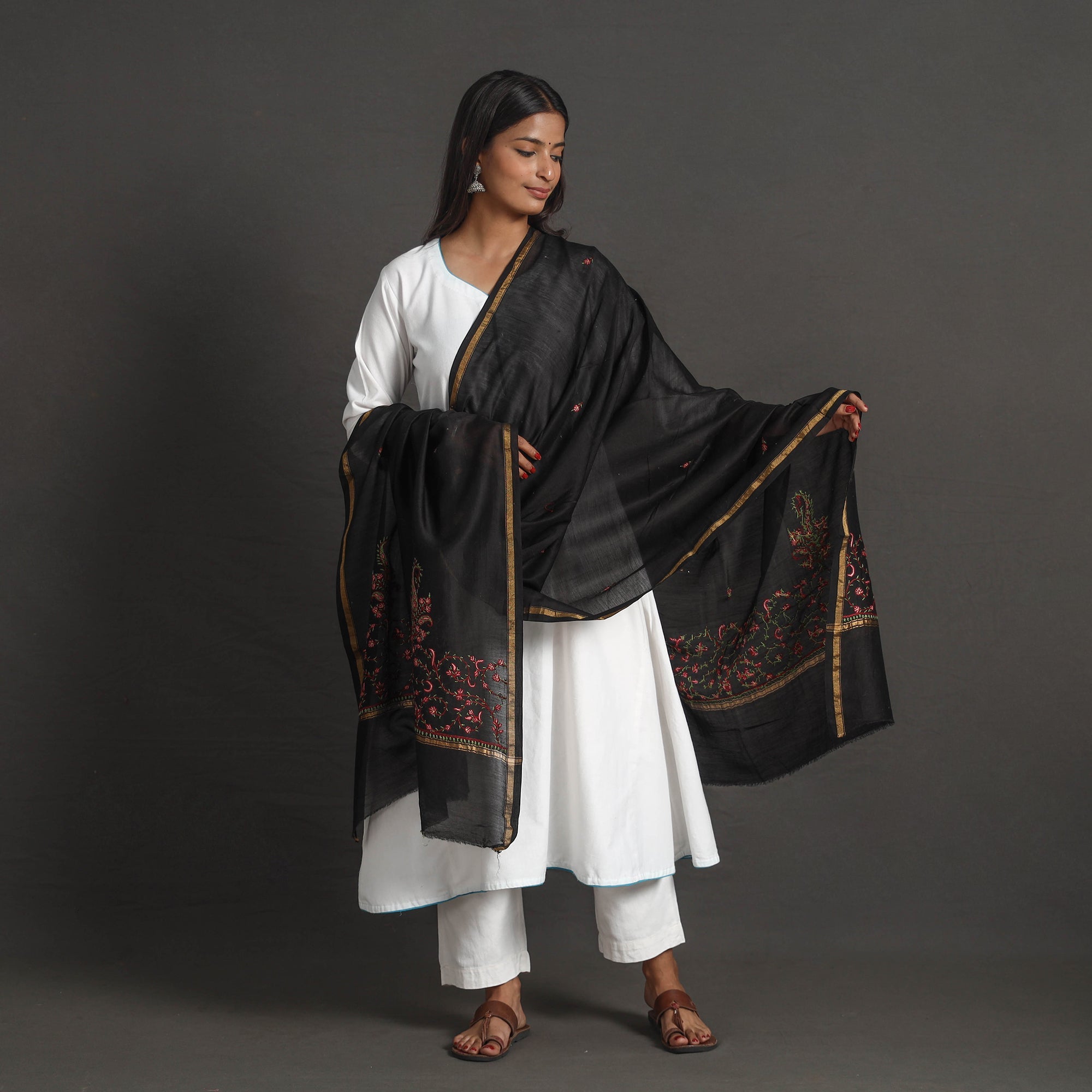 ITOKRI CRAFTS INITIATIVE Black - Handloom Chanderi Silk Kashida Embroidery Dupatta 09 - view 2