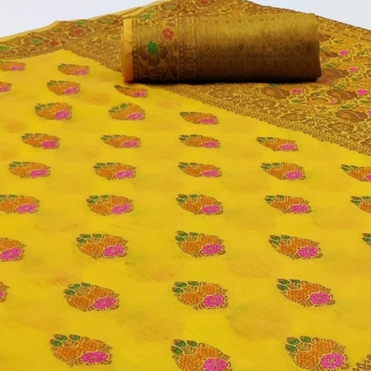 Peachmode Demanding Yellow Colored Festive Wear Woven Cotton Saree - view 2