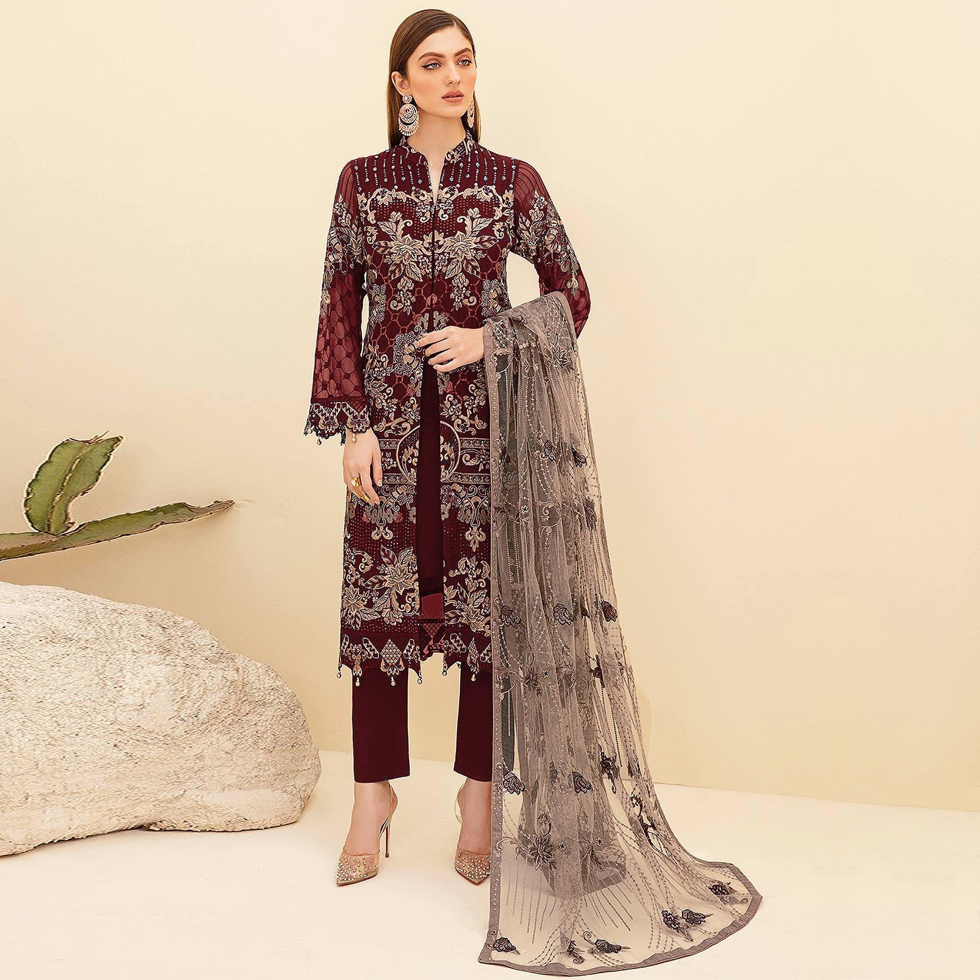 Peachmode Maroon Embroidered Georgette Pakistani Suit - view 2