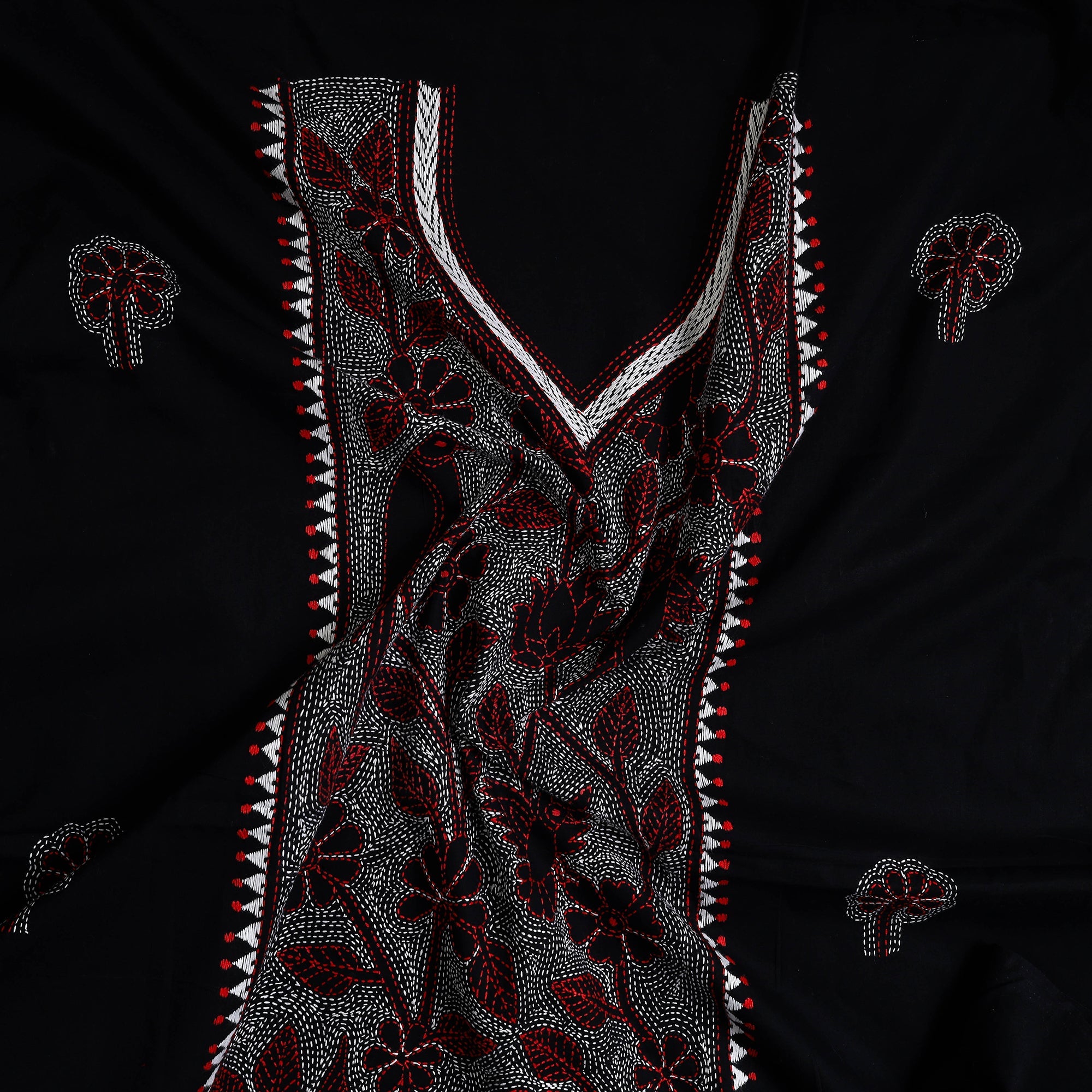 KHUSHBASH - HAPPY LOOM OF EAST Black - Bengal Kantha Embroidery Cotton Kurta Material - (2.8m) 07 - view 2