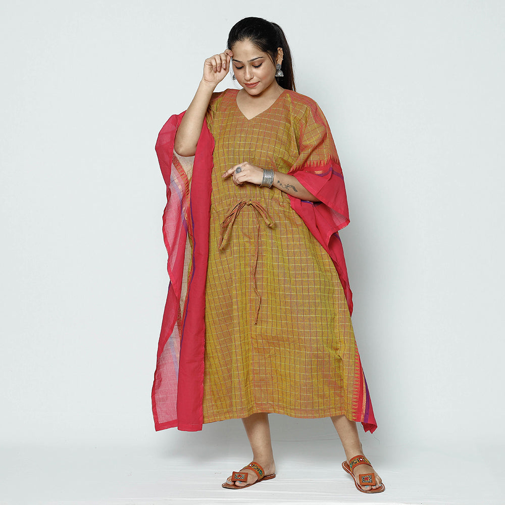 ITOKRI CASUALS Brown - Kanchipuram Checks Cotton Kaftan with Tie-Up Waist (Medium)