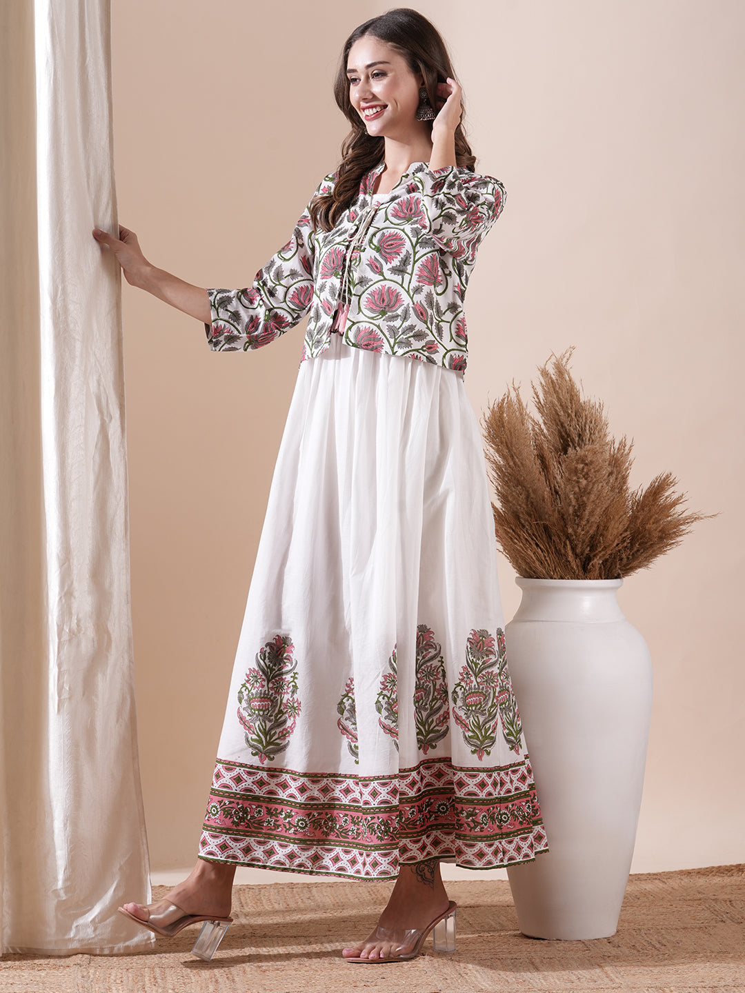 Fashor Floral Block Printed Maxi Dress with Floral Jacket - White - view 5