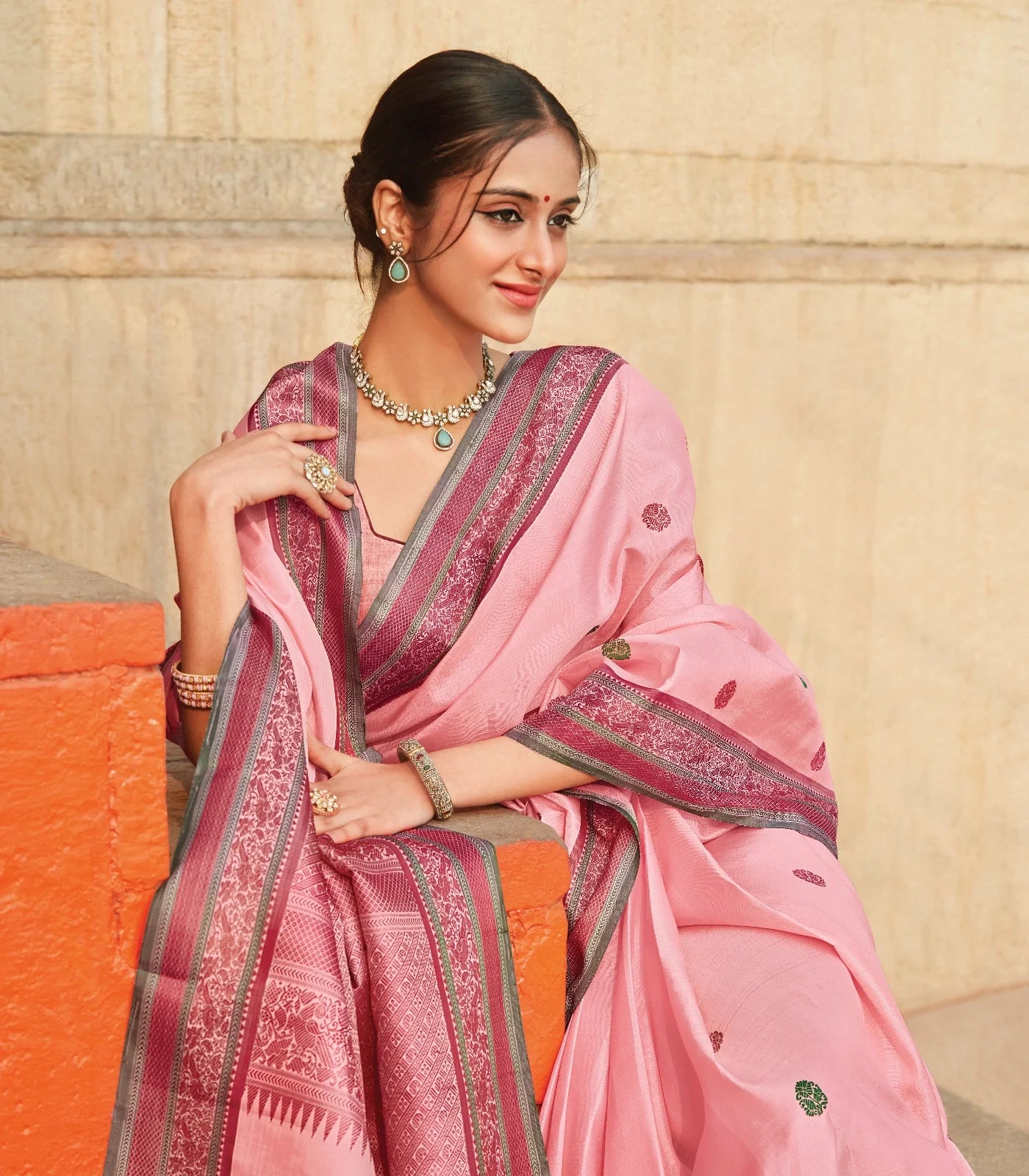 RmKV Baby Pink Handloom Kanchipuram Silk Saree With Meena Buttas - view 2