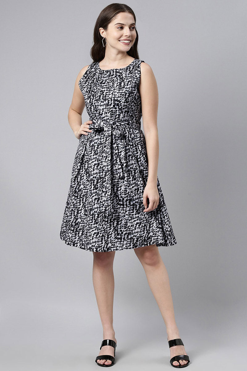 Ahika Black Crepe Abstract Print Mini Dress VD1058