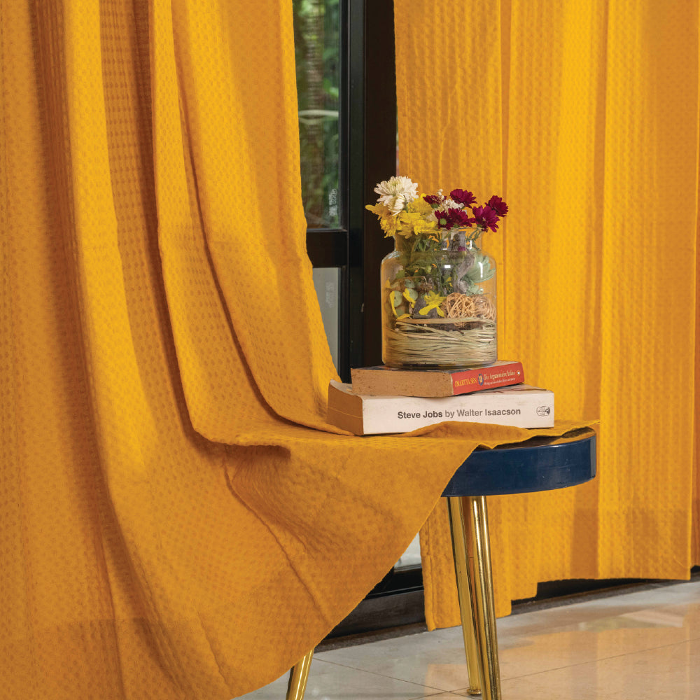 100 cotton waffle – Urban Space -Home Furnishing Store 100% Cotton Waffle weave Curtains, 60-65% Room Darkening Curtain - Pack of 2 - Mustard
