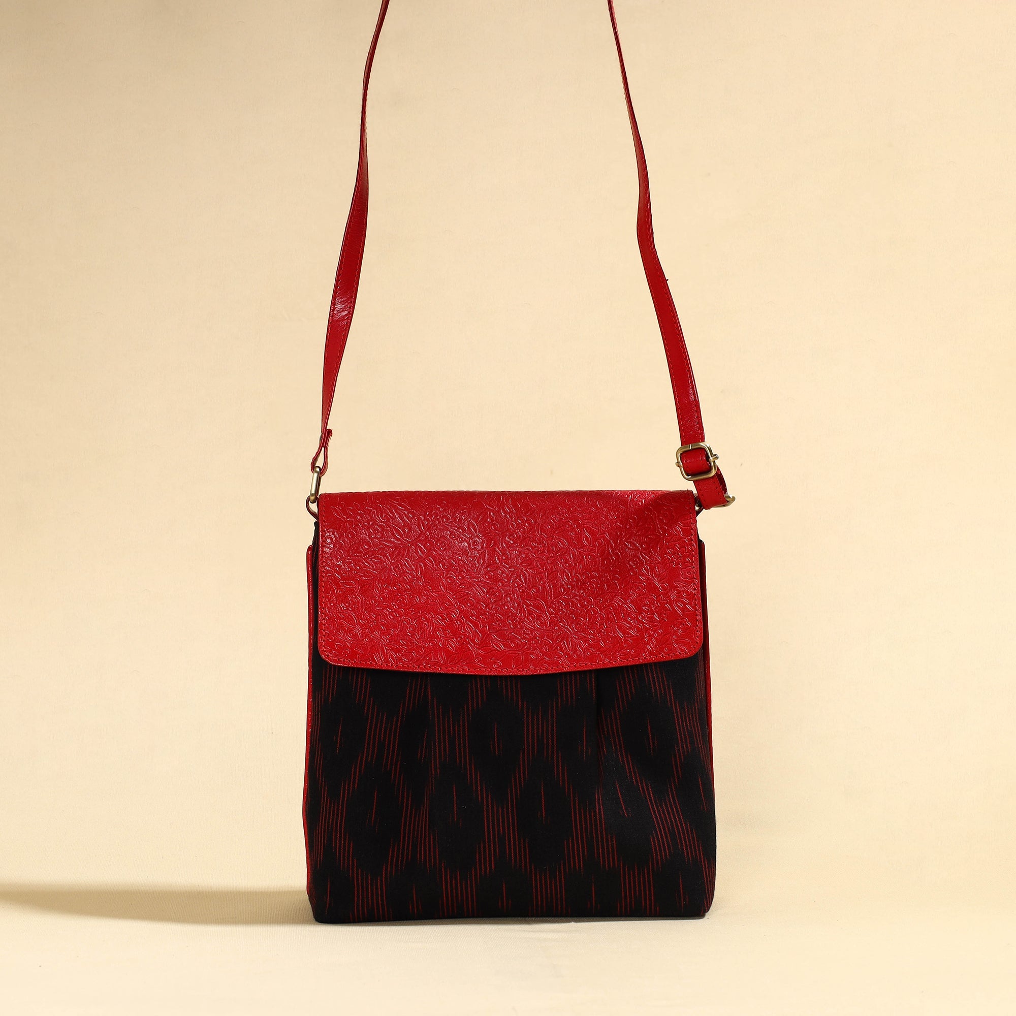 ASALKAAR Black - Handcrafted Ikat Fabric Sling Bag with Embossed Leather Flap