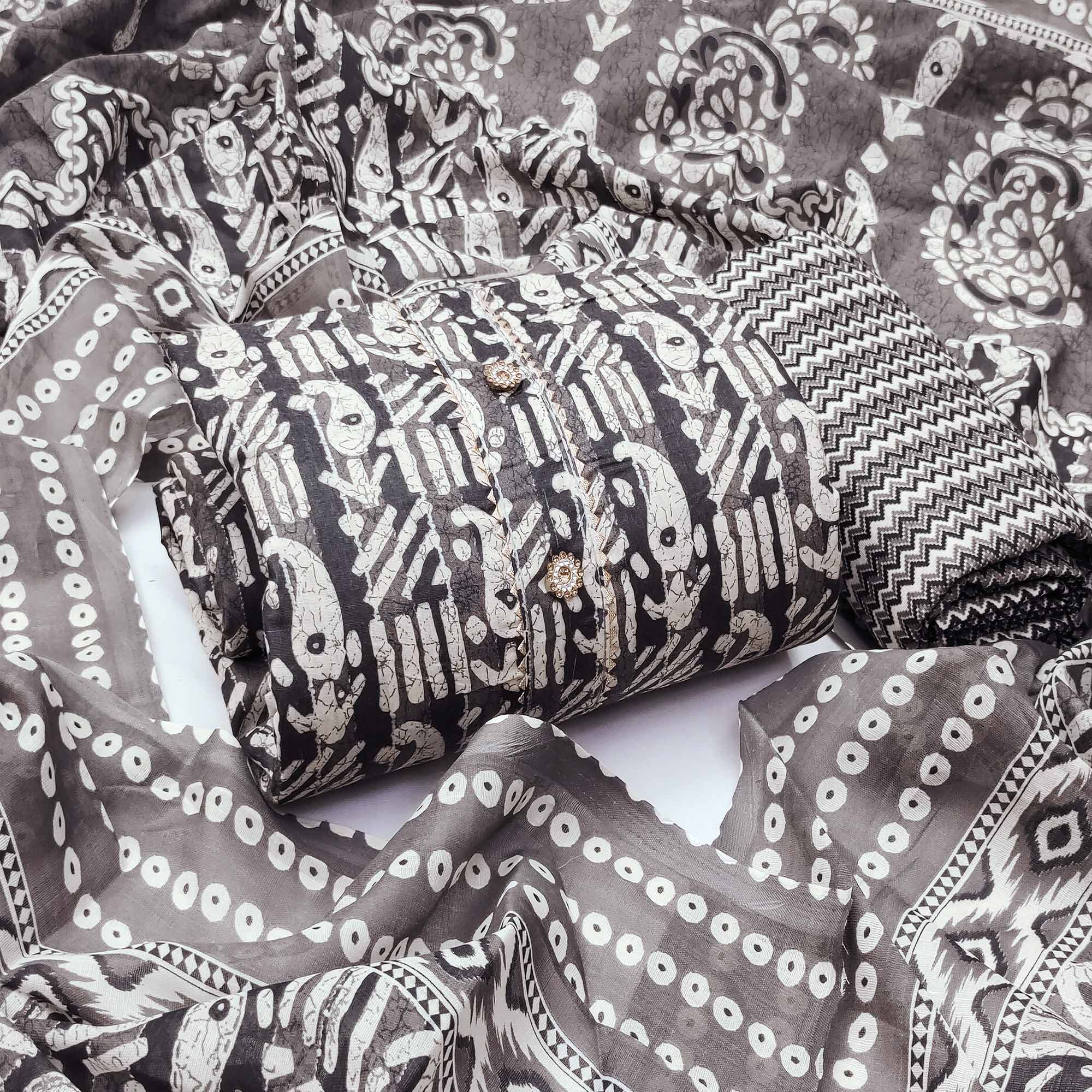 Peachmode Grey Printed Cotton Blend Dress Material