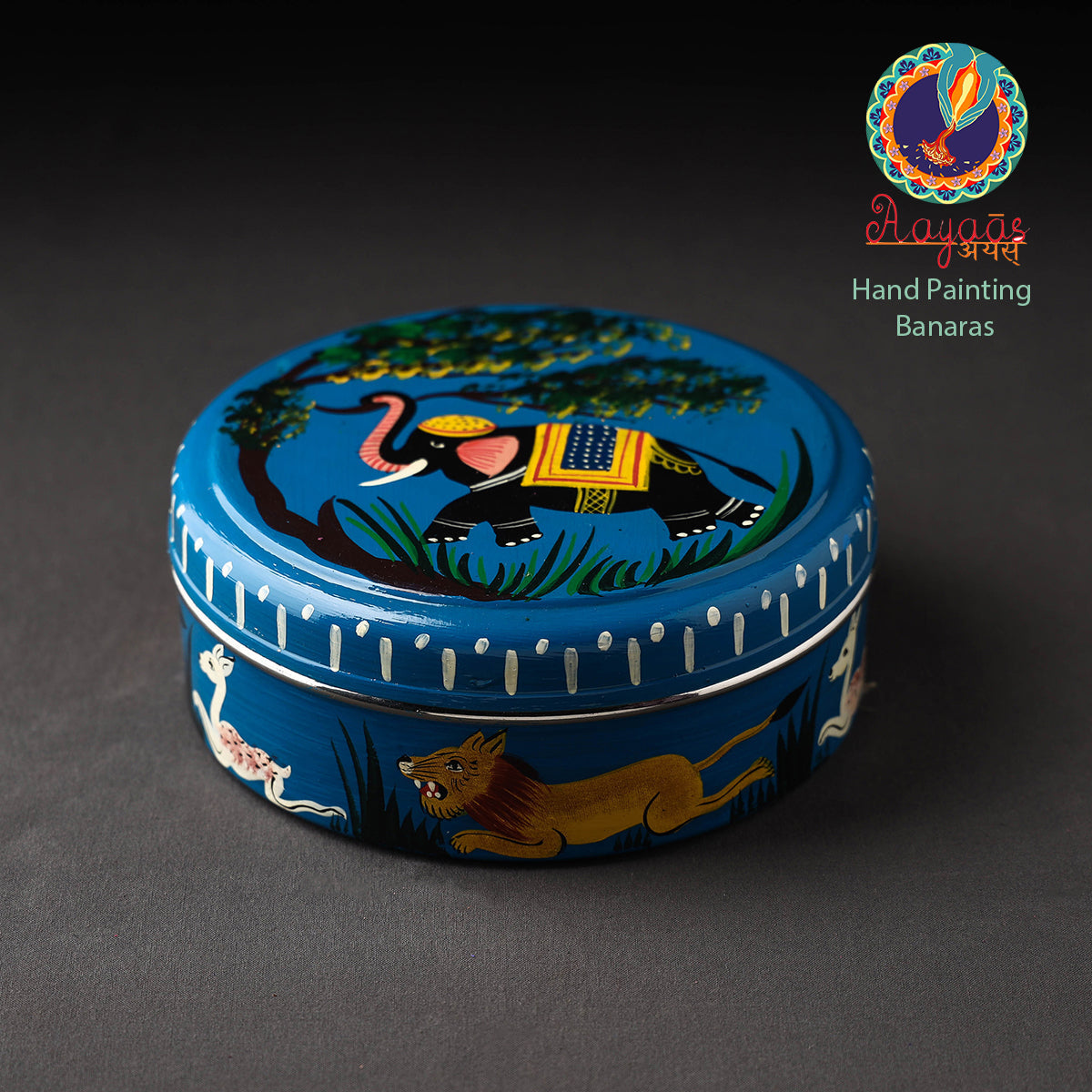 AAYAAS Blue - Banaras Handpainted Stainless Steel Masala Box (7 x 7 in)