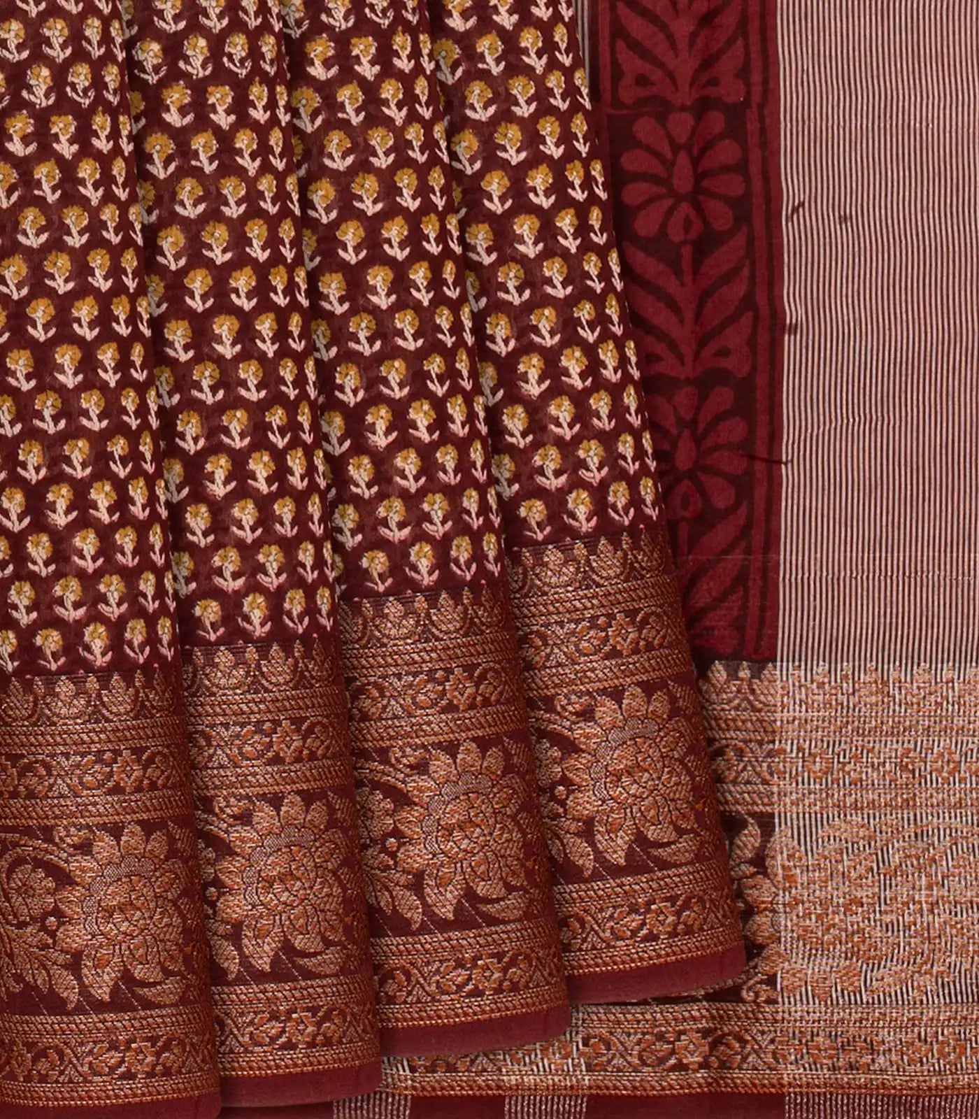 RmKV Maroon Chanderi Cotton Saree Printed With Floral Motifs-Maroon