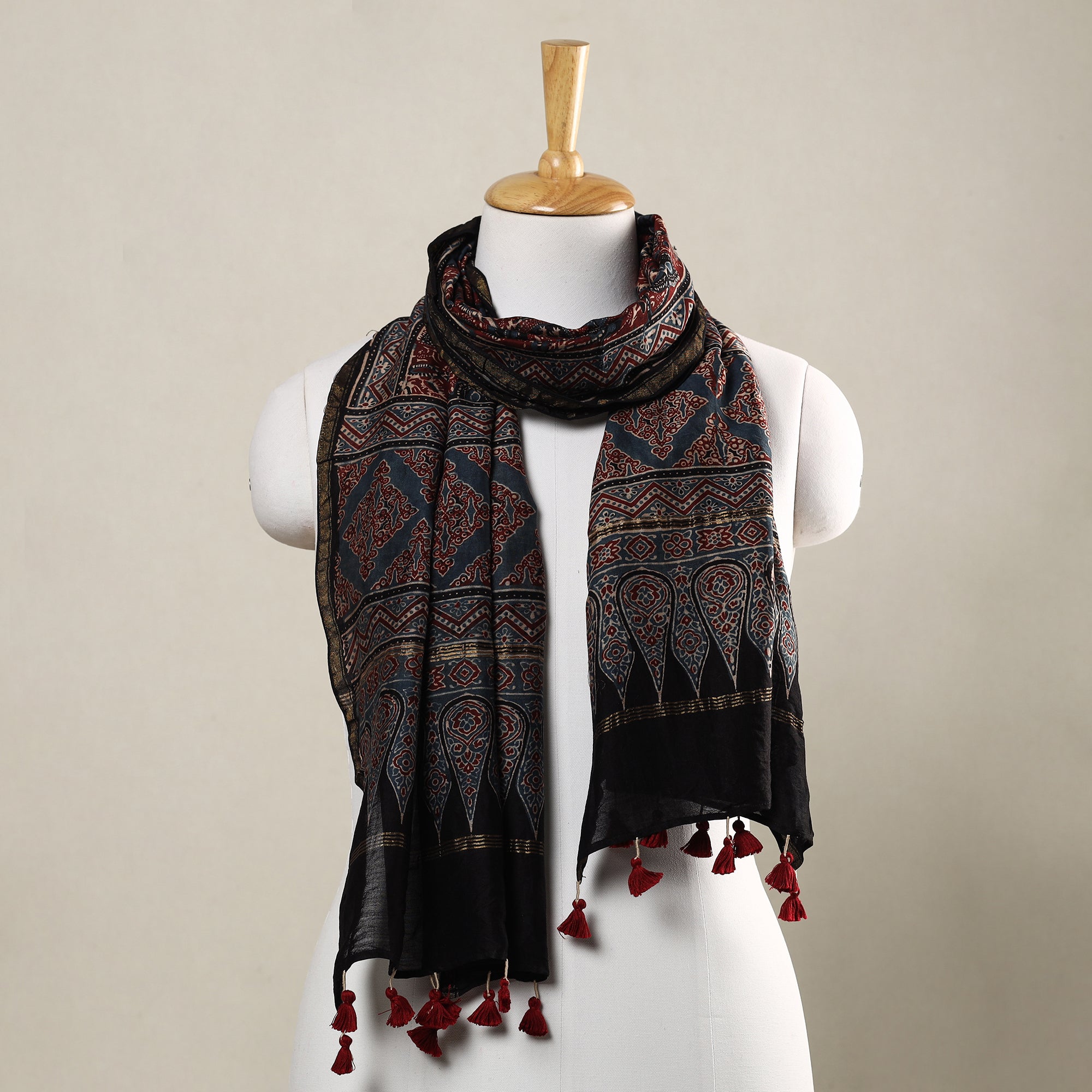 AJRAKH BY SUFIYAN ISMAIL KHATRI Black - Ajrakh Hand Block Printed Chanderi Silk Handloom Stole with Tassels