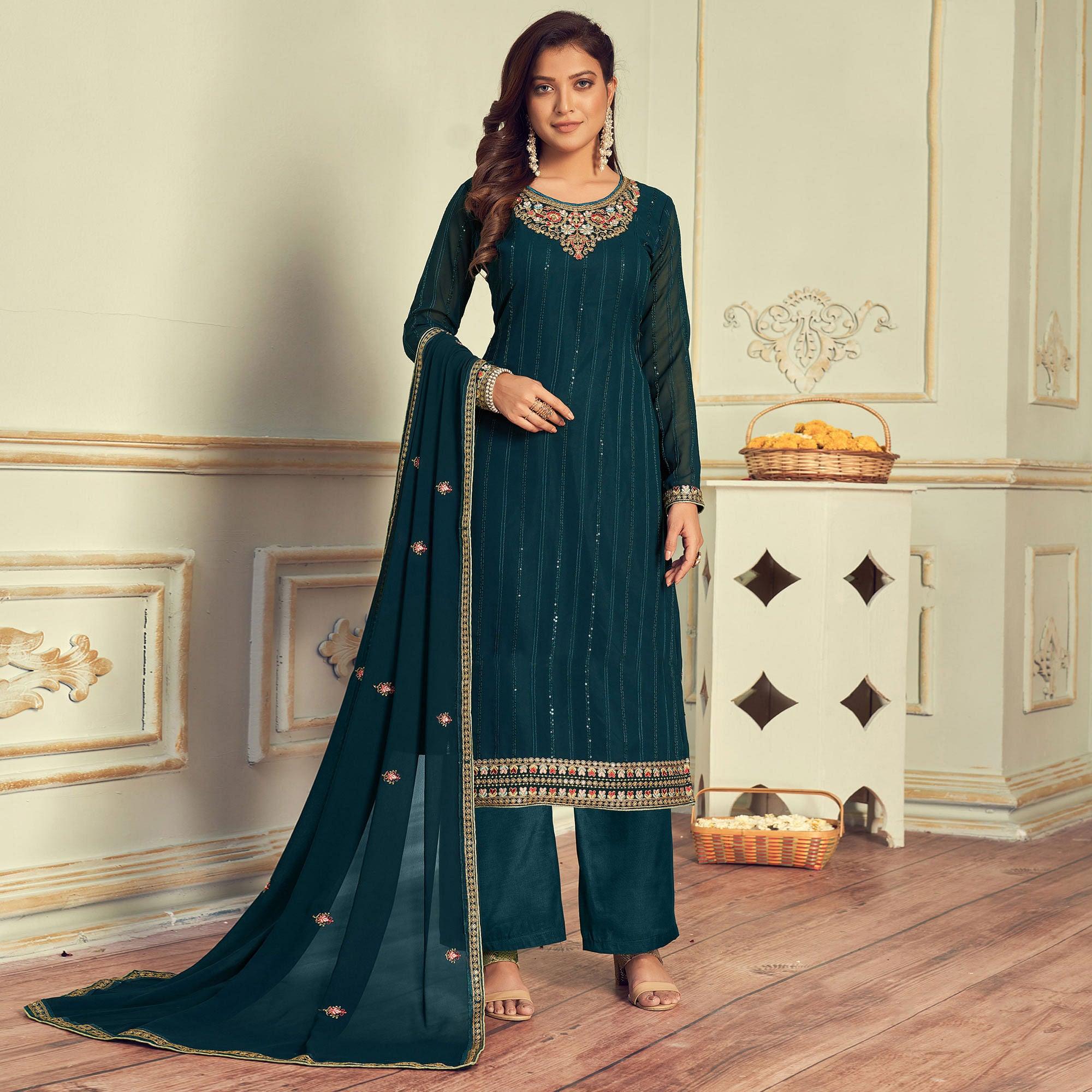 Peachmode Morpich Partywear Embroidery With Embellished Georgette Suit - view 4