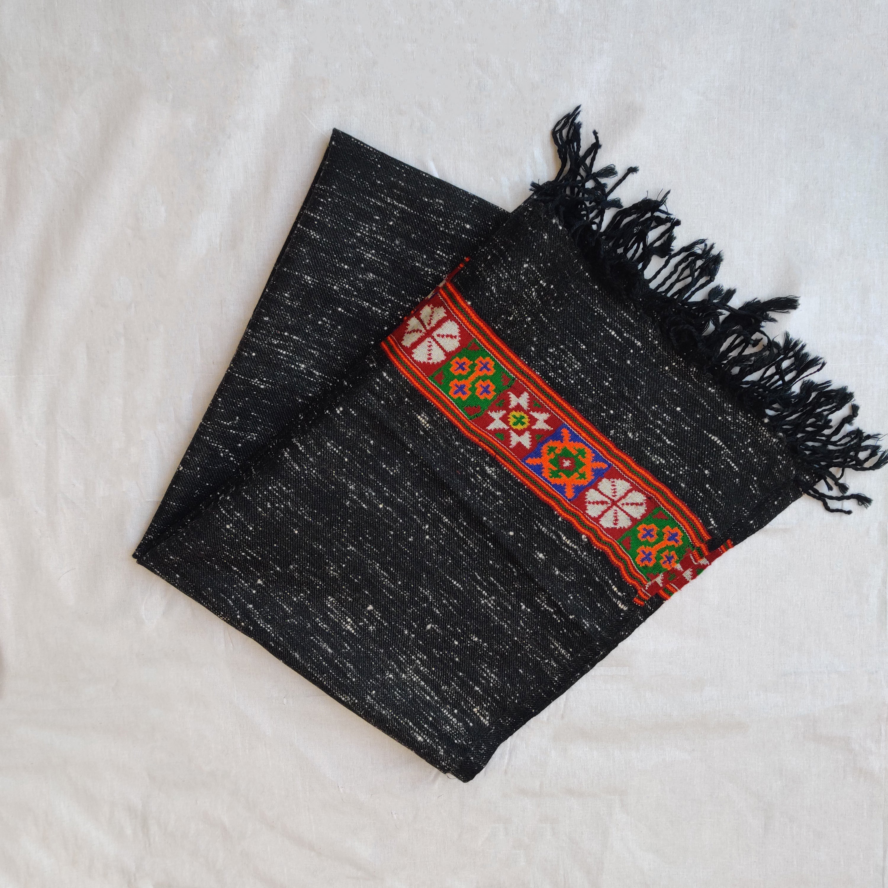 CHARKHA Black Multicolor Handwoven Sheep Wool Kinnauri Stole - view 4