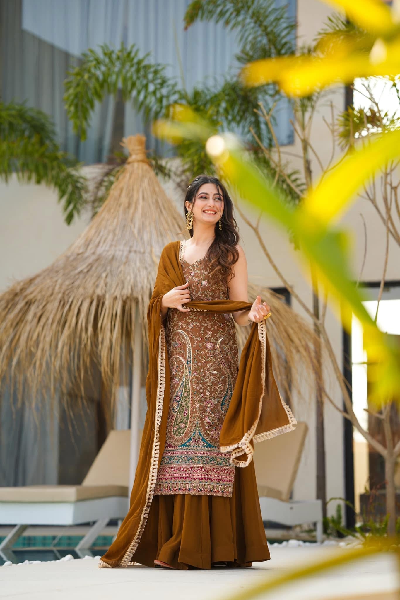 Idaho-o Sofia brown heavy embroidered suit set
