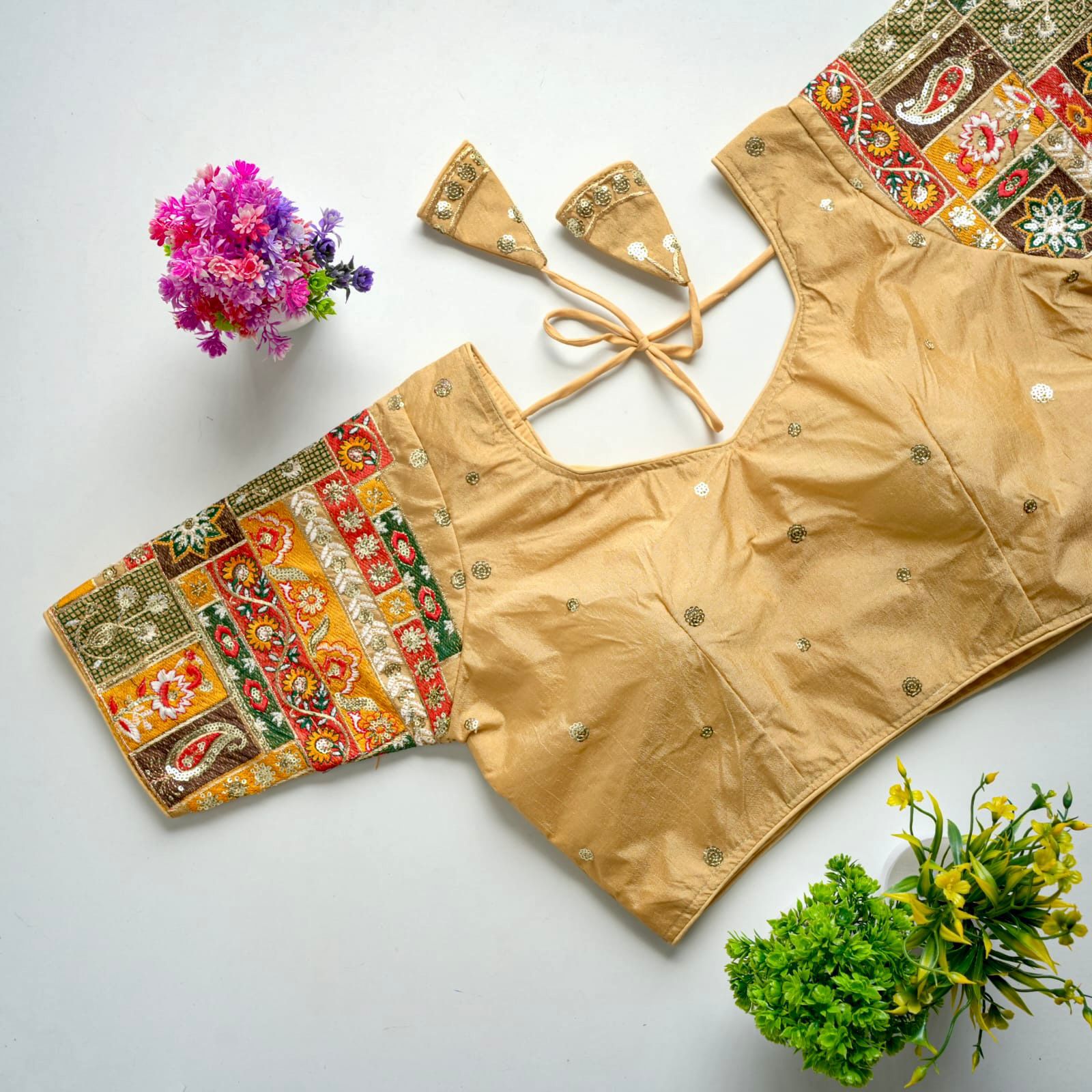 ClothsVilla Cream Golden Embroidered Seoul Silk Blouse with Sequins