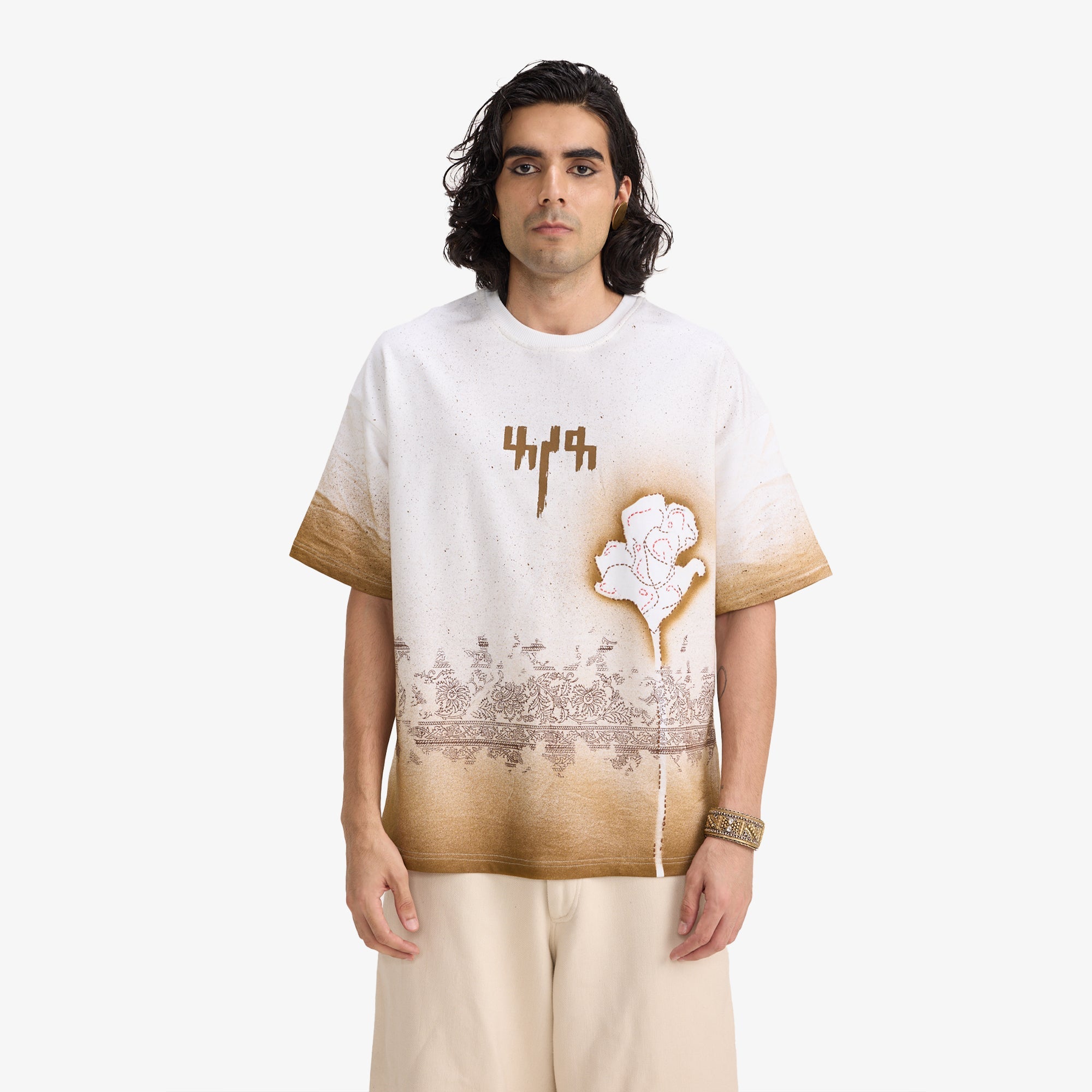 F A R A K | Burning Flower Handmade T-shirt { White/white