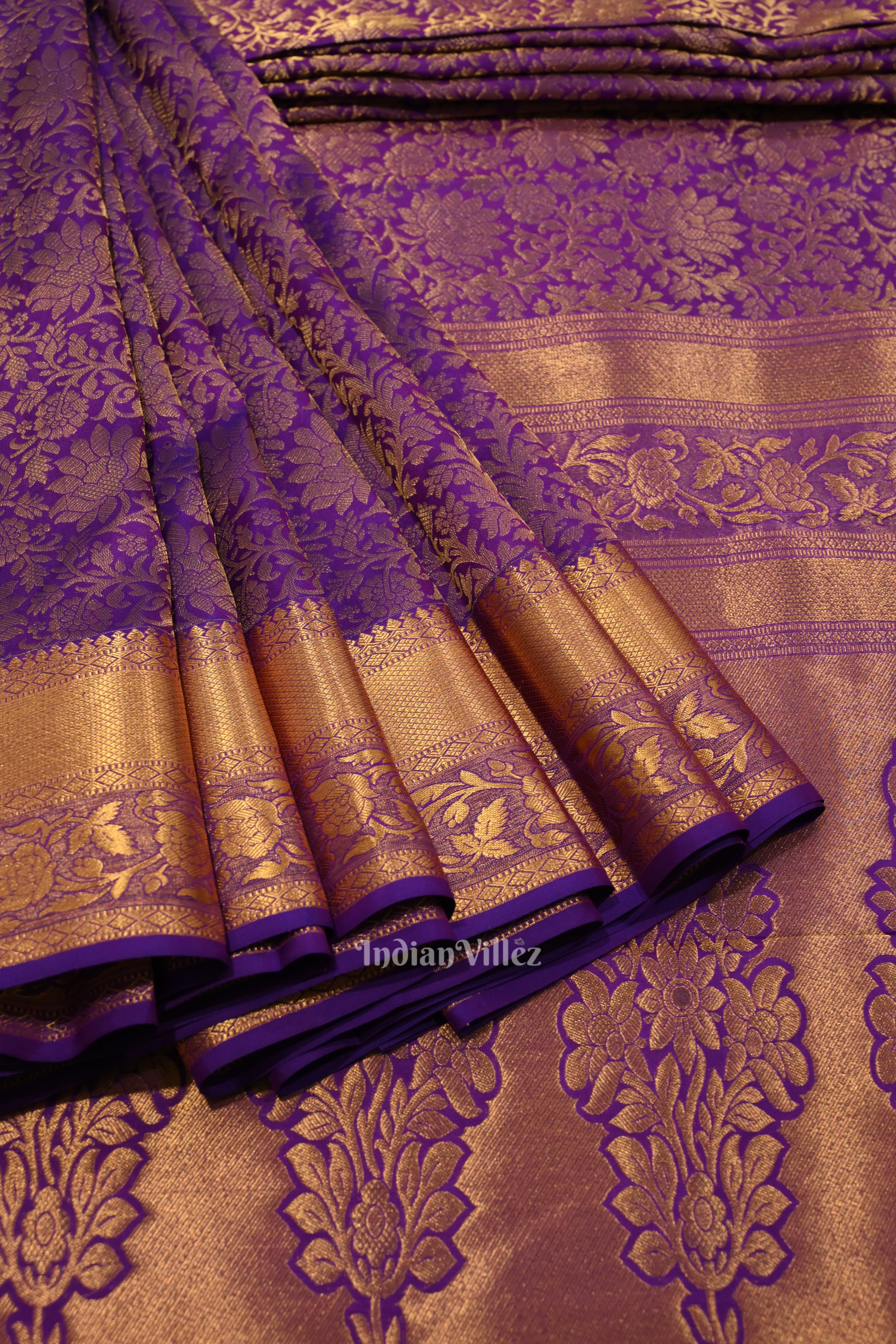 IndianVillèz Blue With Golden Pure Kanjivaram Silk Saree