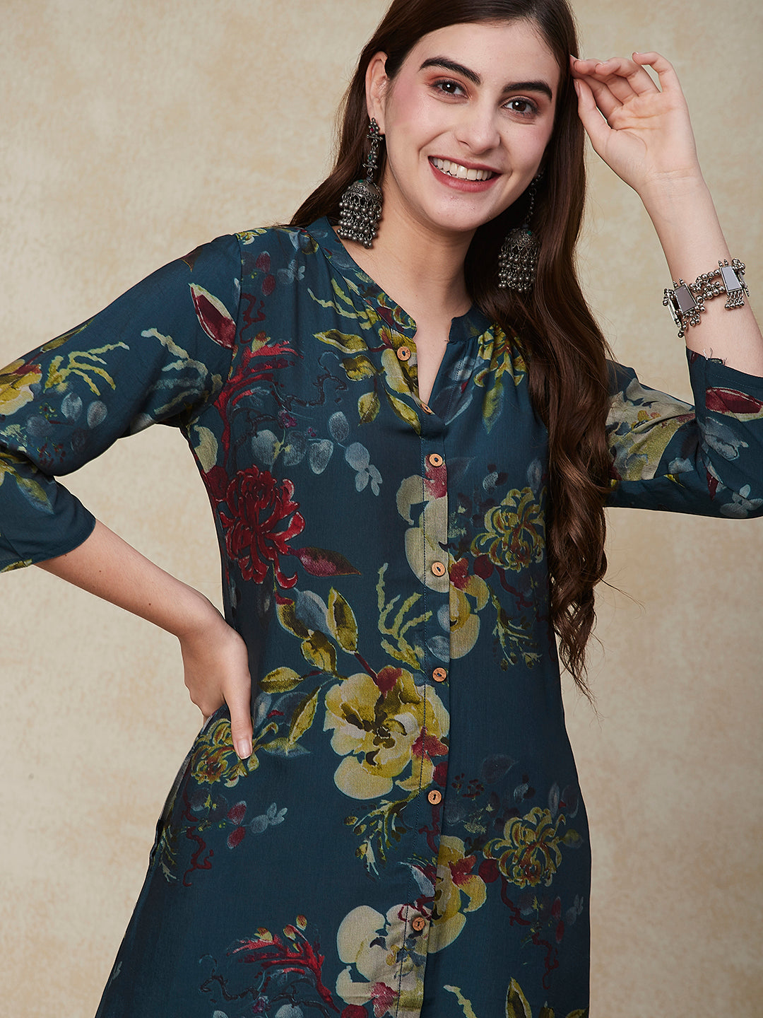 Fashor Floral Printed Wooden Buttoned A-line Kurta - Green - view 2