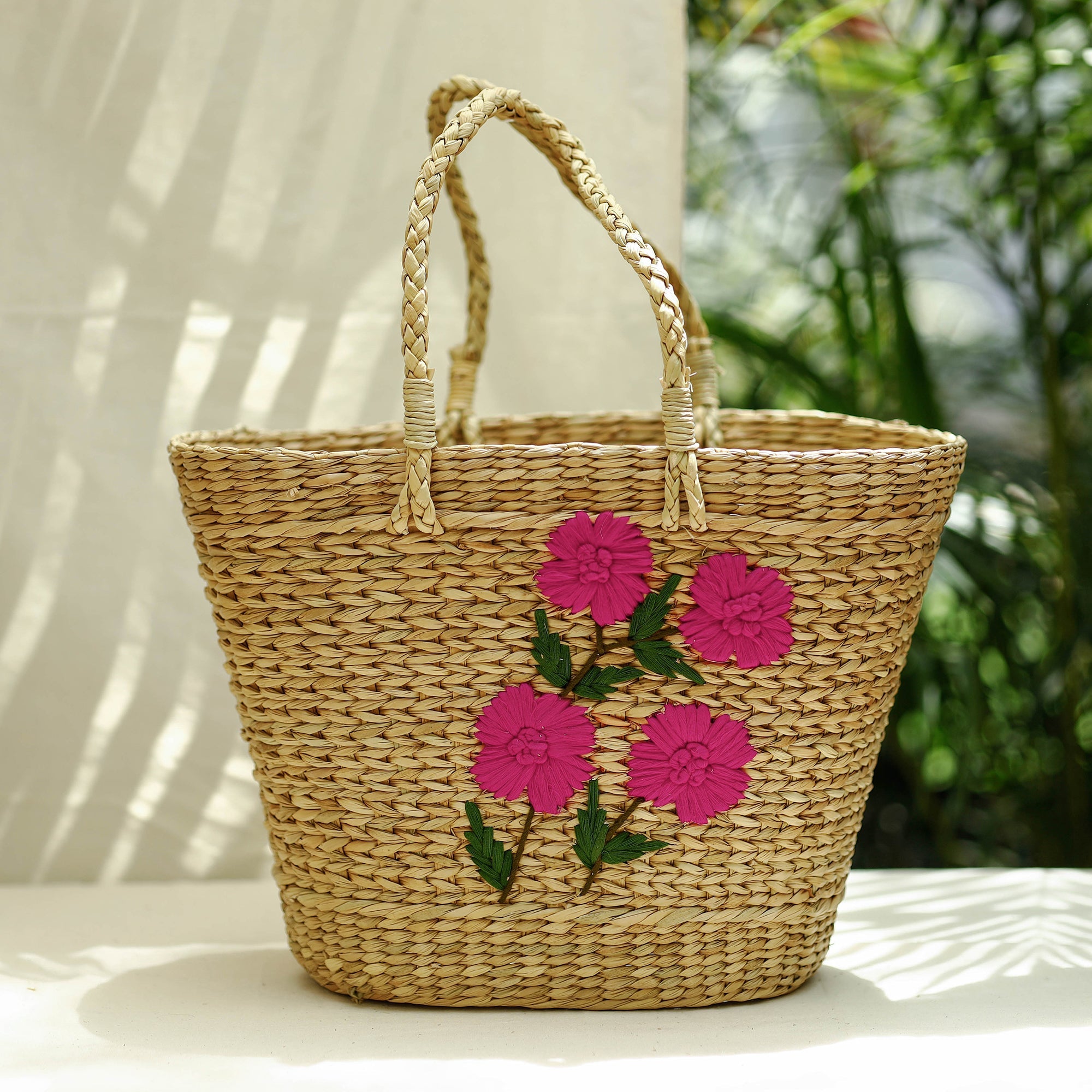 ITOKRI CRAFTS INITIATIVE Beige - Handcrafted Natural Water Reed Embroidered Shopping Bag