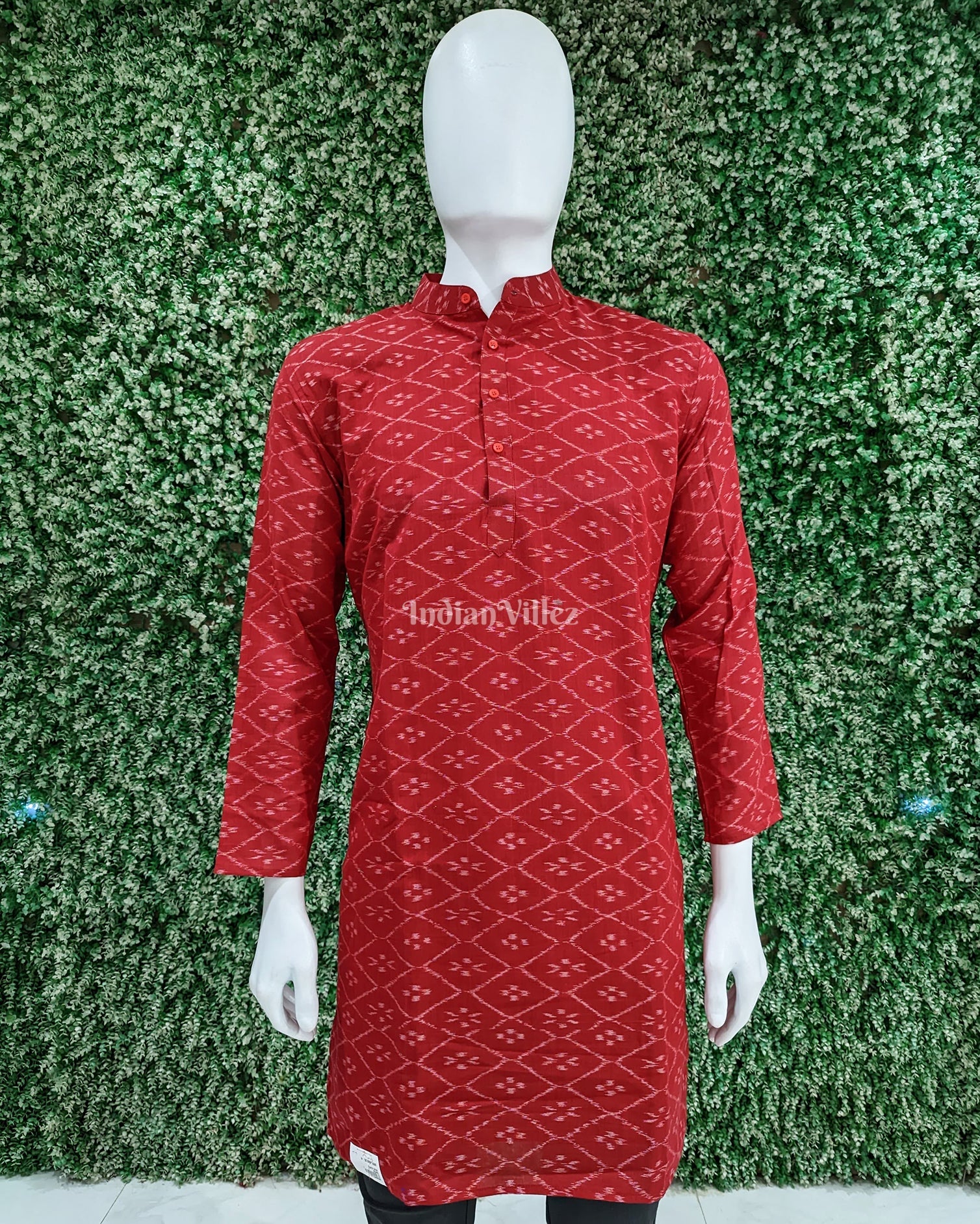 IndianVillèz Red Pasapali Sambalpuri Ikat Cotton Long Kurta For Men